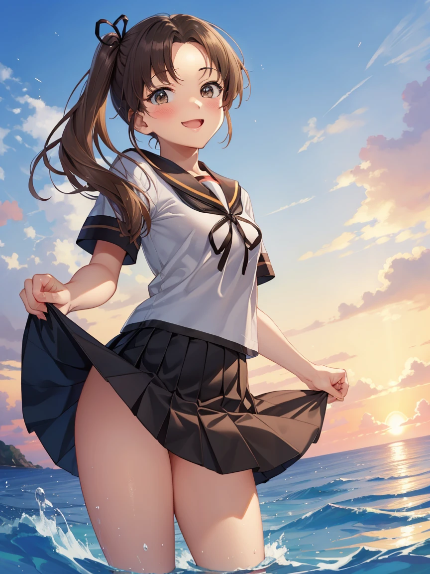 high resolution、high quality、masterpiece、detailed、1 female、Brown Hair、ponytail、White ribbon、Summer sailor uniform、Big Breasts、Big Jump、Panty shot、My chest is shaking、