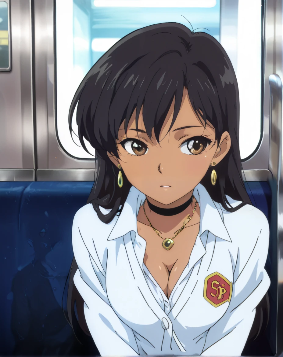 pov, indian girl,1girl, choker, school outfit,brown eyes black hair, medium breasts,  cleavage, long hair,bangs,dark skin earrings, necklace, sitting inside train, anime colour, 2010s artstyle 