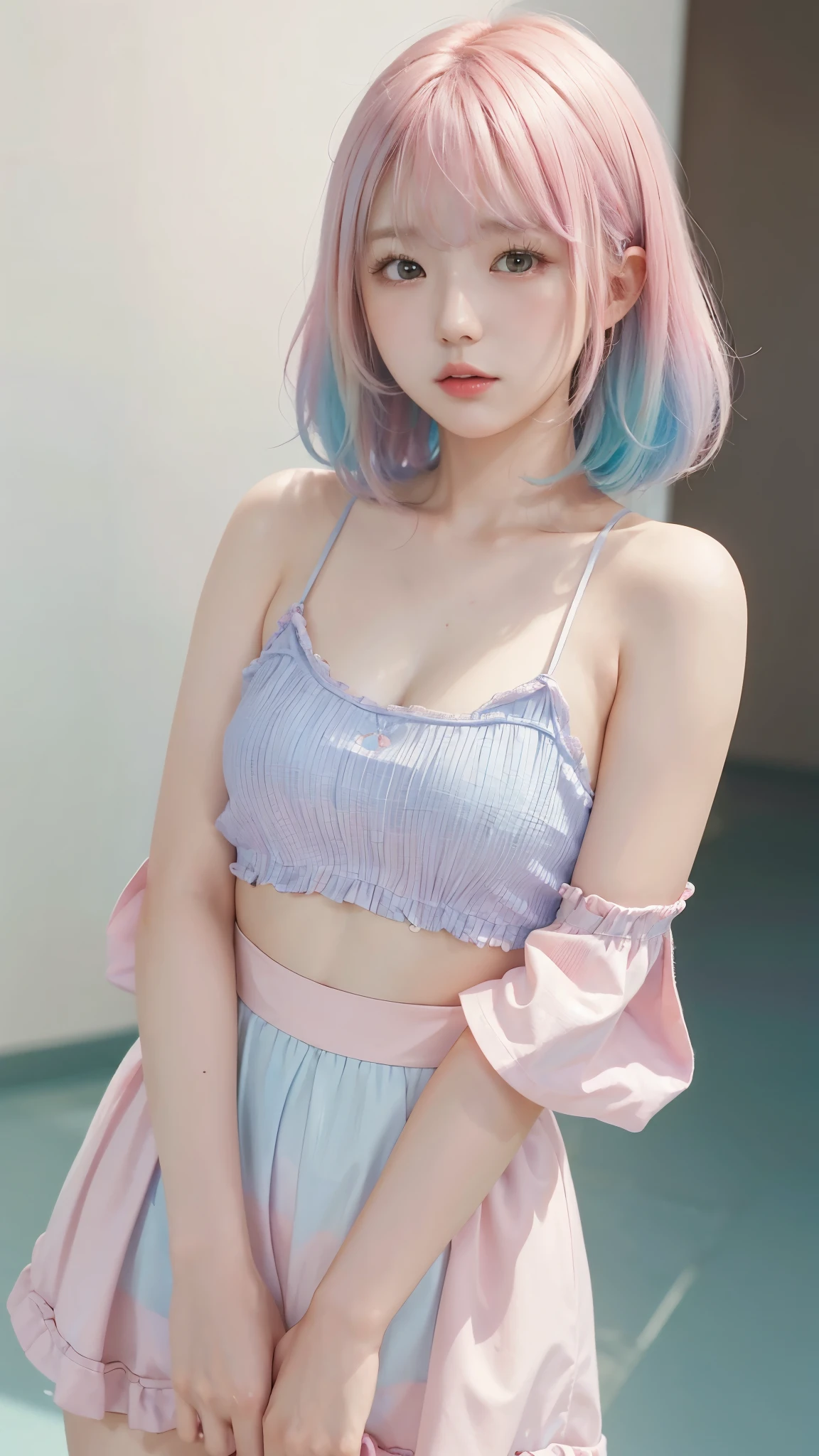 (8K, top-quality, masterpiece:1,2), (reallistic, Photorealsitic:1.37), Super Detail, One girl,), (Highly detailed), (beautifully detailed eyes), (of the highest quality), (super detailed ), (masterpiece), (Detailed face),20yr old, ,1 girl, ((pink hair,long hair)), medium breasts, clothed, Perfect Lighting, BREAK, (cute pokemon trainer:1.2), (sexy and cute:1.2), (pastel colors:1.2), (lavender:1.3), (sleeve frills:1.3), (silk camisole:1.4), (crop top:1.4), (ribbon embroidery:1.3), (high-waisted shorts:1.4), (leggy:1.4), (fantasy accessories:1.2), (fairy charms:1.2), (leaf embroidery:1.2), (knee-high socks:1.4), (pastel sneakers:1.5), (wing charms:1.3), (hair pins:1.3), BRAKE, (upper body to knees:1.3), (smile:1.2), (ecstatic:1.4), (downcast eyes:1.3), (face forward:1.3), (tilt head:1.3), (sensual pose:1.4), (touching hair:1.3), (body twist:1.3), (fantasy background:1.4), (soft lighting:1.4), (highlight on hair:1.3), (highlight on skin:1.3)