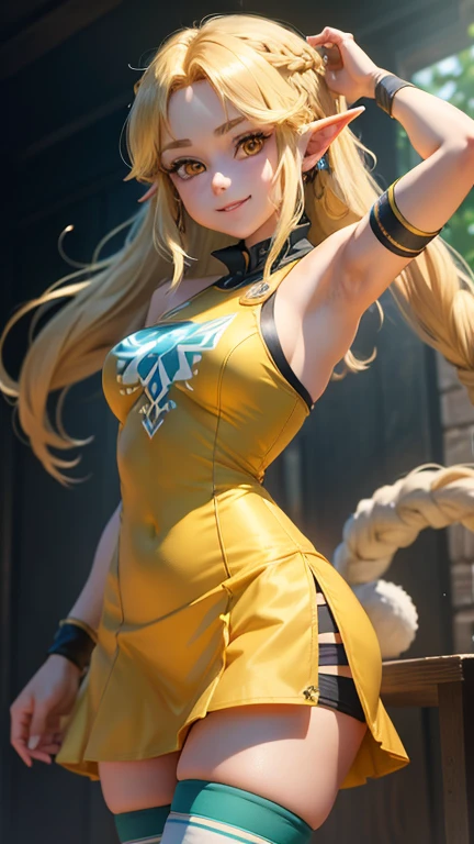 Ahri da league of legends,(best qualityer,4K,8k,high resolution, work of art:1.2)(weather: moonlight), Japanese female, magical forest background, black and red korean kimono dress, cleavage, magical staff, cute makeup, thigh high boots, belt, long golden hair, braided hair, fox ears, multiple fox tails, freckles, ultra detailed, realistic, portrait, beautiful detailed yellow eyes, beautiful detailed lips, extremely detailed eye and face, beautiful girl, long eyelashes, average, large breasts, beaming smile, sexy pose, bright coloured, dramatic lighting,