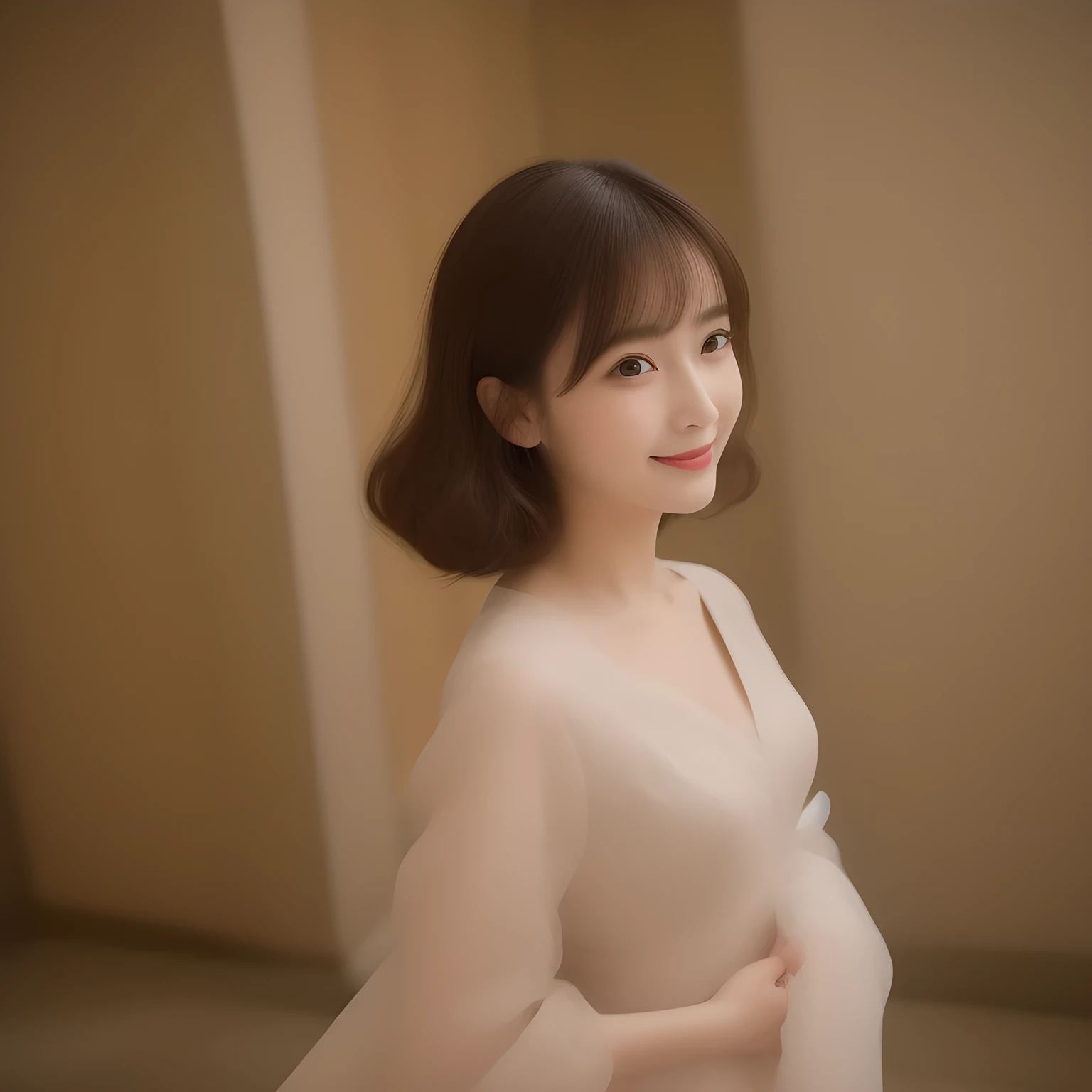 (highest quality, masterpiece, high resolution:1.2), 4K, (Photo quality detailed face: 1.5), geometry, (Too beautiful receptionist lady of Famous Japanese enterprise company. Soft and sweetest expression, very feminine and sweet expensive brand fashion like a fashion model of women's fashion magazine). (Full body shot from her back), (Walking and laughing and turning to me), (Well done shining hair style by professional hair artist, ribbon hair clip), (Guiding me to deep underground luxurious altar going down stairs), (The lady is beautifully and clearly detailed)