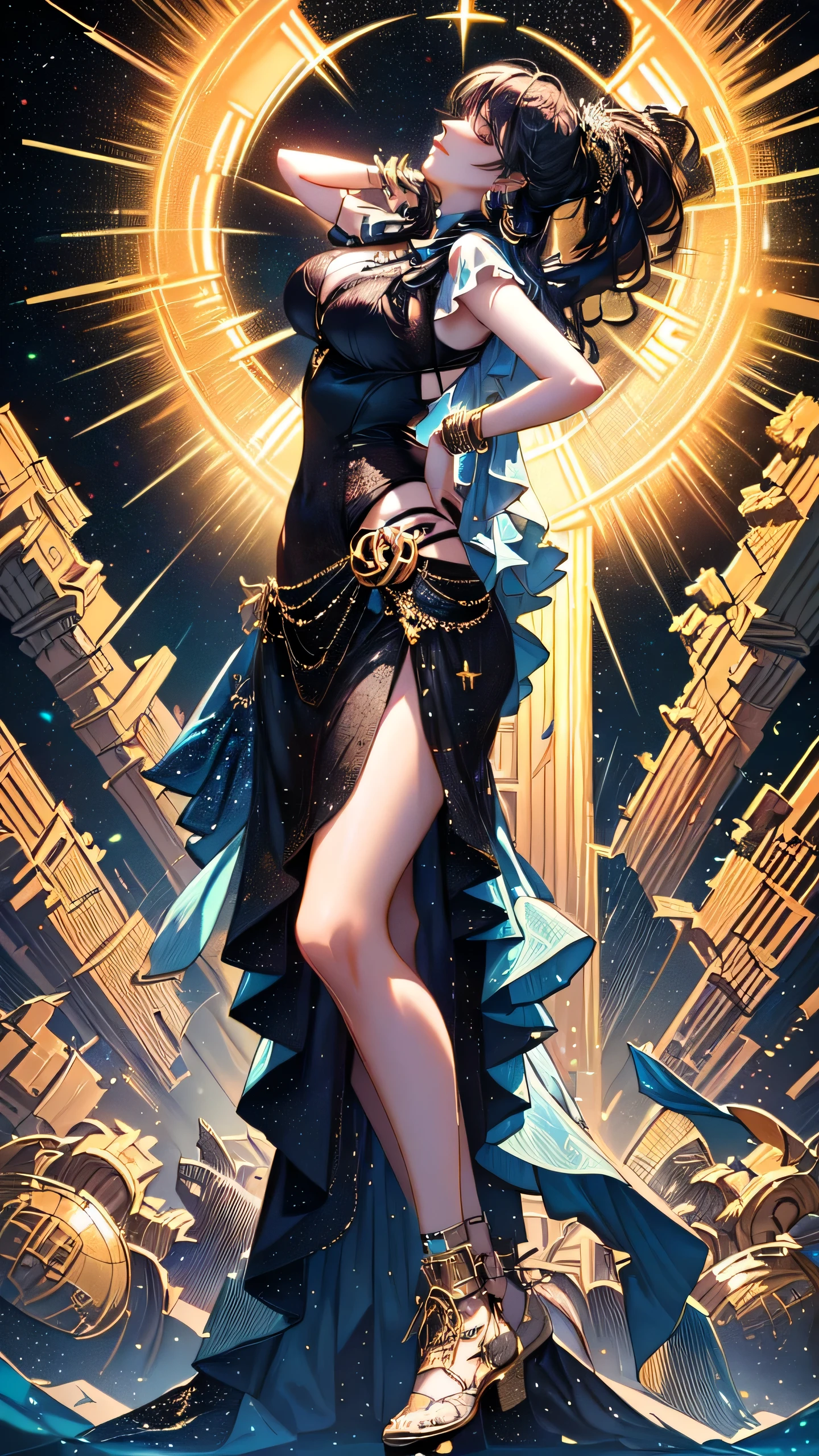 32k,Super fine,masterpiece,best quality,Female hip-hop star wearing Gucci that has GG monogram pattern is doing some intense dance moves with one arm on her hip and the other hand behind her head