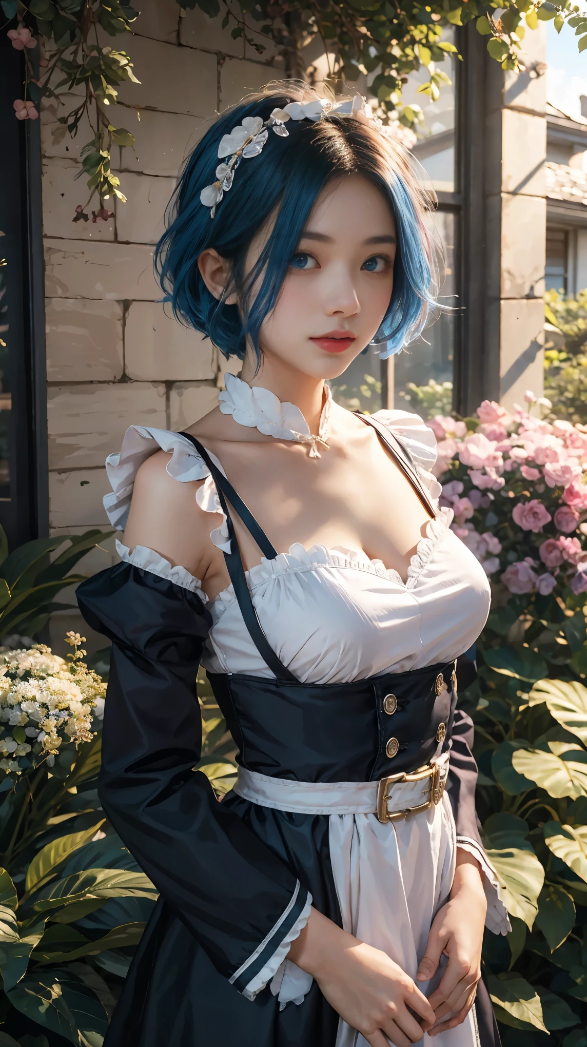 Hi-Res, Sharp Focus, pixiv Masterpiece, (((Intricate details)), High Detail, Upper Body, One Girl, rem_re_zero, Blue Hair, Short Hair, Maid Clothes, Hair Ornaments, Cleavage, Maid Headdress, Detached Sleeves, Ribbon,
