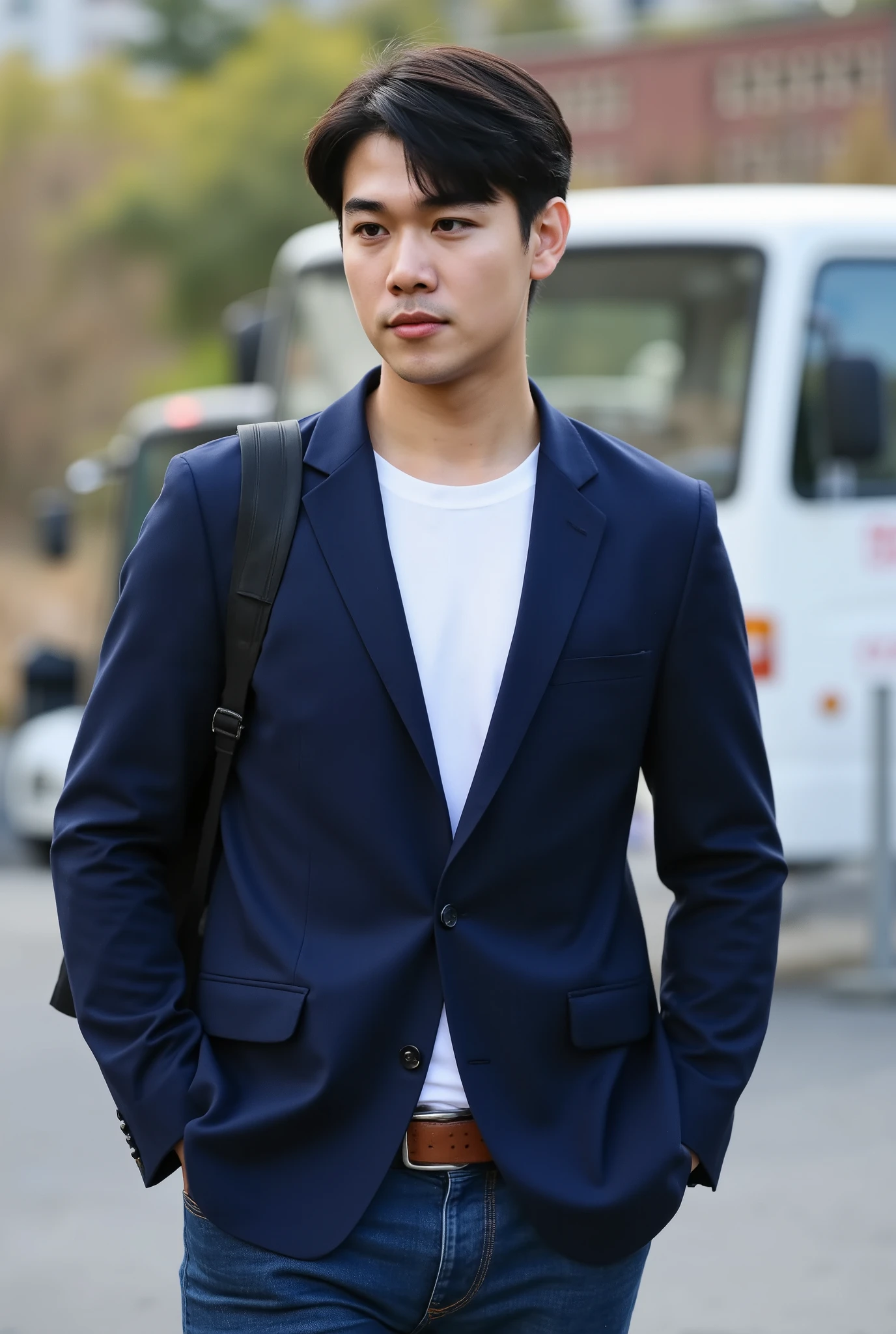 realistic photos, realistic, natural light ,2 korean men with big muscles , wearing a navy suit shirt,There is a white t-shirt inside, Neat Buttoned , Jeans , brown belt , , a black backpack next to the bus.