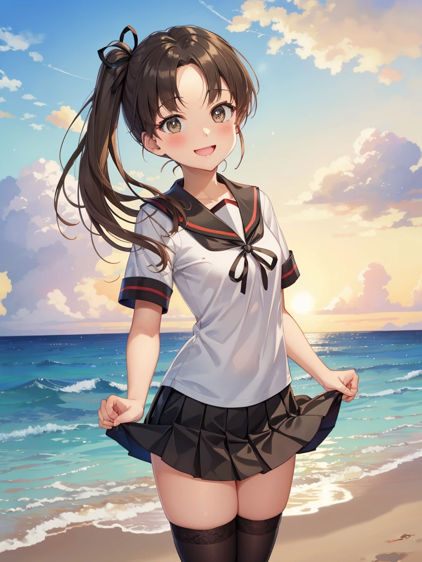 ((masterpiece)),(Highest quality),Official Art,Extremely detailed CG,unity 8k wallpaper,Very detailed,Lighthouse on top of a cliff by the sea,One Girl,一人w,Cowboy Shot,brown_hair,Dark Skw,Sunburn,School_Swimwear,brown_eye,smile,one piece_Swimwear,Swimwear_Down_Clothes,Sailor_collar,short_hair,Lookwg_w_audience,blush,School_uniform,short_ponytail,