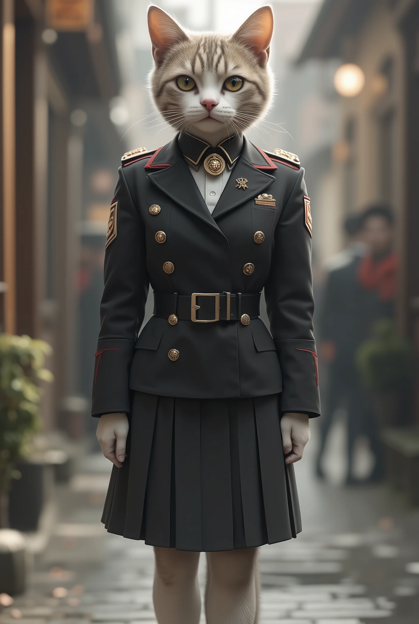 A cat standing on two legs wearing a black collared military uniform,simple padded collar dress,school uniform