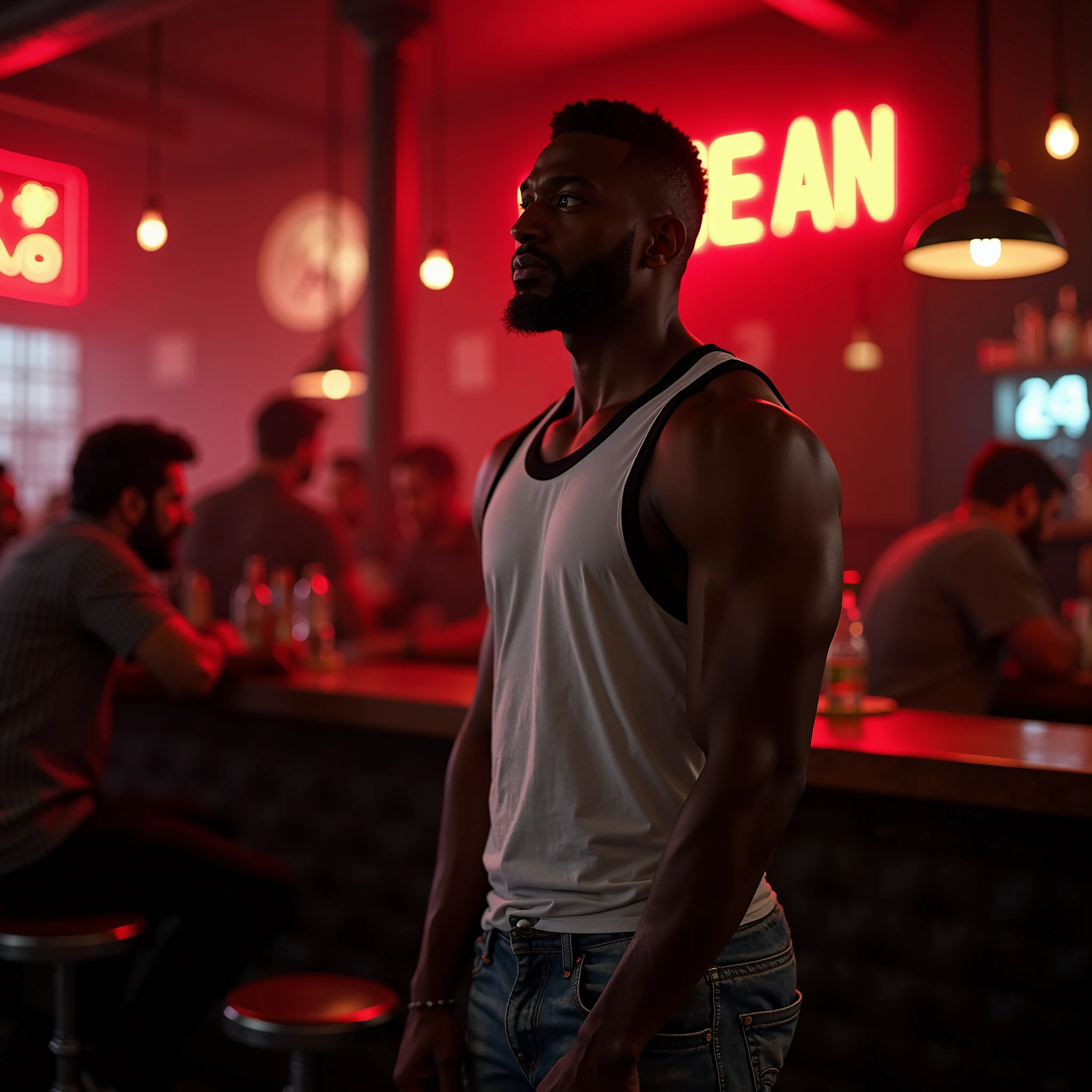 naughty man, dark-skinned, 1.70, Scrawny, bonitas, funk cafuçuc, wearing no shirt, shorts in blue, near a dining table, drlight smile, no fur, sensuous