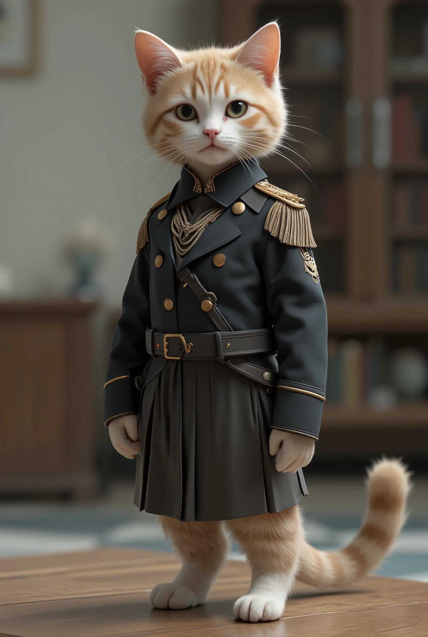 A cat standing on two legs wearing a black collared military uniform,simple padded collar dress,school uniform