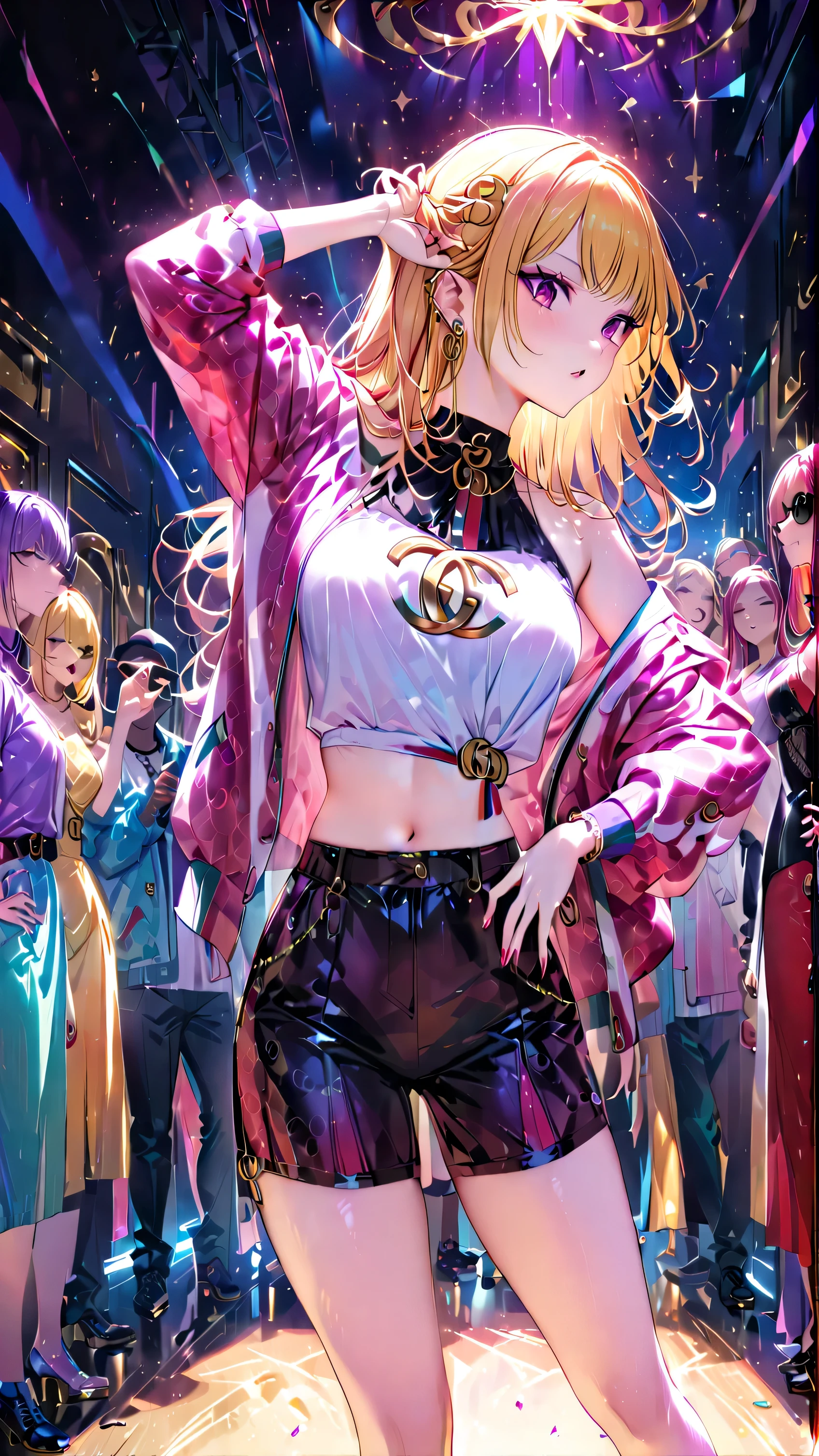 high resolution、ponytail、Perm、Blonde、
Pink see-through jacket、White lace skirt、Snazzy