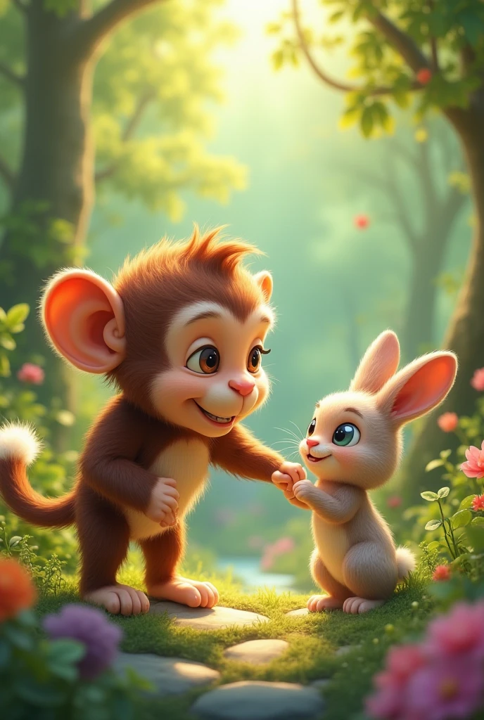 Mohaan the monkey and Raghhu the rabbit playing together** - showcasing their deep friendship.