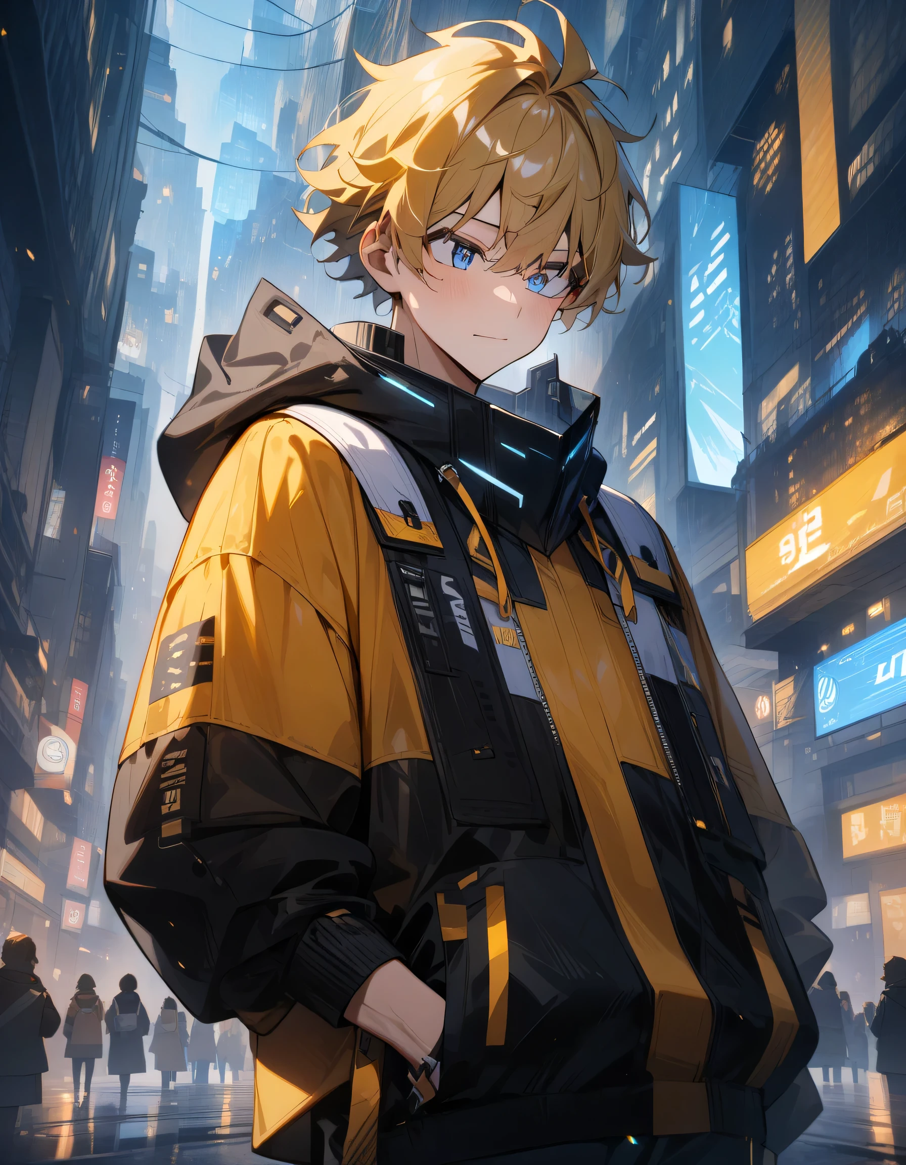 one boy, Age 30、 bright yellow hair 、Masterpiece, best quality , Futuristic clothing、The background is a futuristic city