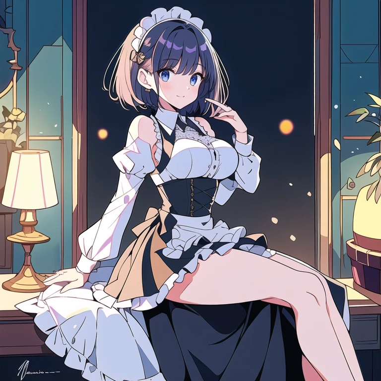 A beautiful young woman with shoulder-length black hair, clear and light brown eyes, smooth skin, and a lovely smile, wearing a maid costume with a crystal flower accessory, stunning body proportions and beautiful legs