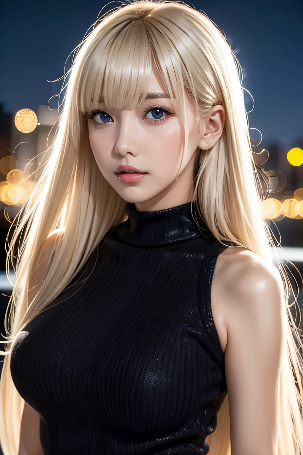 Platinum blonde silky hair、Masterpiece、 best quality 、 high resolution、 high resolutionの詳細写真、 professional lighting 、(((Tops)))、 bangs between eyes、Hair above the eyes、片Hair above the eyes、、 strike a pose、 portrait、 bright expression 、Like々white, Sparkling肌、Looks great、Blonde reflection、 dazzling highlights on platinum blonde hair、Bright and shiny hair,、 long straight hair 、Beautiful shiny bangs、Sparkling、 clear 、 charming big blue eyes 、 very beautiful , cute girl 、Bust of a Rich Man、(Black tight knitwear), night cityscape