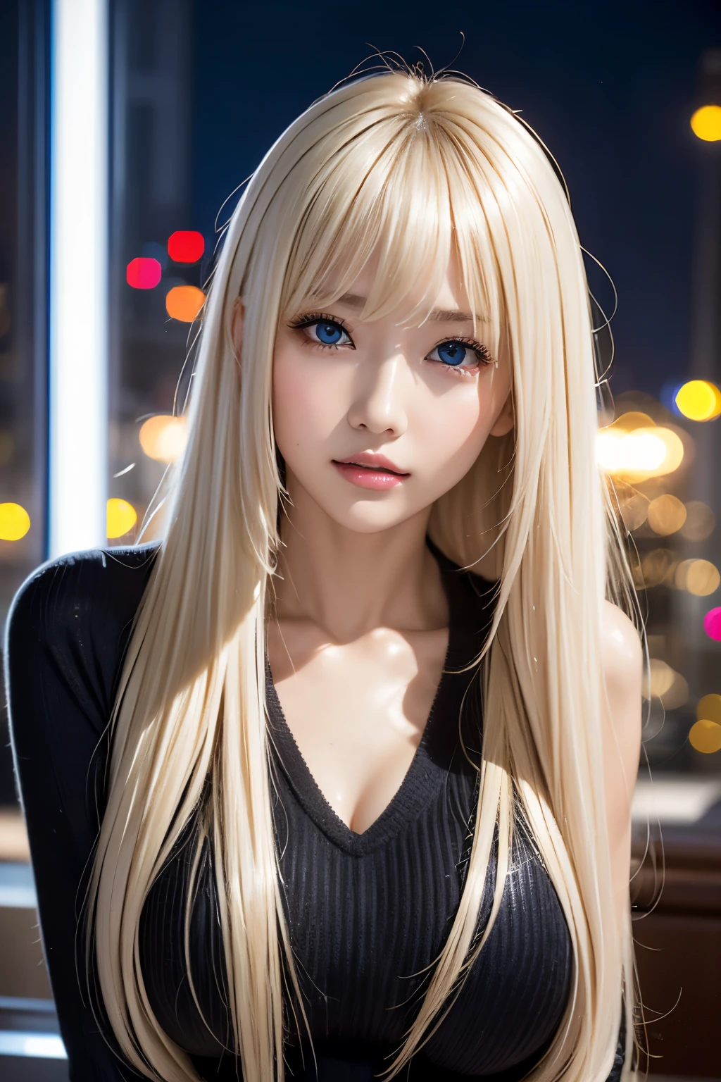 Platinum blonde silky hair、Masterpiece、 best quality 、 high resolution、 high resolutionの詳細写真、 professional lighting 、(((Tops)))、 bangs between eyes、Hair above the eyes、片Hair above the eyes、、 strike a pose、 portrait、 bright expression 、Like々white, Sparkling肌、Looks great、Blonde reflection、 dazzling highlights on platinum blonde hair、Bright and shiny hair,、 long straight hair 、Beautiful shiny bangs、Sparkling、 clear 、 charming big blue eyes 、 very beautiful ,  cute girl 、Bust of a Rich Man、(Black tight knitwear), night cityscape 