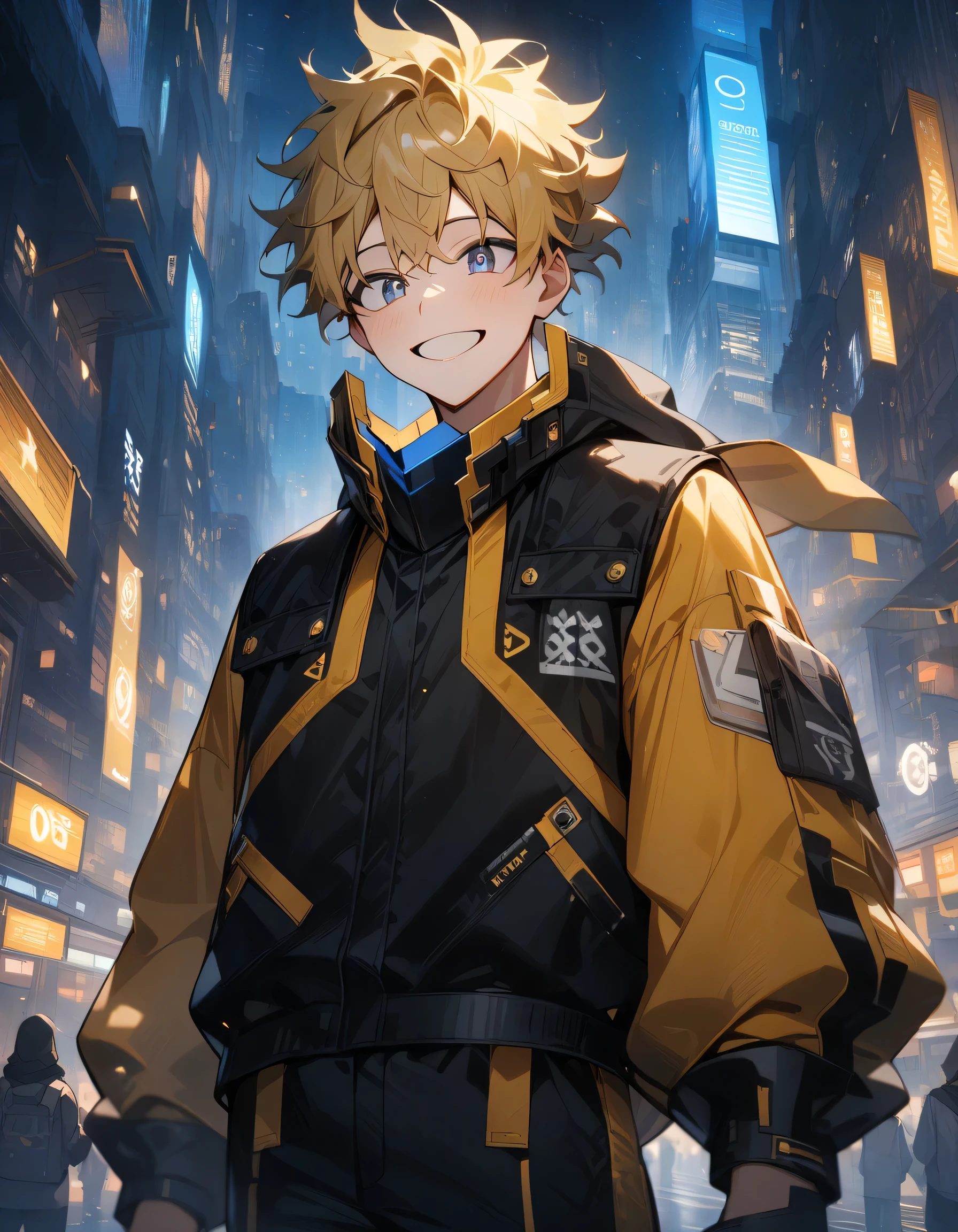  one boy, Age 30、 bright yellow hair 、smile、Masterpiece,  best quality , Futuristic clothing、The background is a futuristic city 