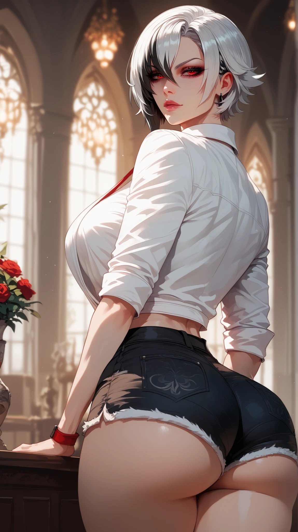 Adult female, (smile: 0.6), short red hair, (big breasts: 1.1), red eyes, sexy, small waist, (wide hips), see-through cardigan, (masterpiece: 1.2, superb), realistic, (real shot, fine Crafted, depth of field), (1girl, solo), makeup, noble, (noble shirt and leggings: 1.3), elegant, blush, dignified, proud, confident, (white and shiny skin), gorgeous and diverse jewelry, mature , married,(thin), (big ass:1.3), bonny, (small mouth),
