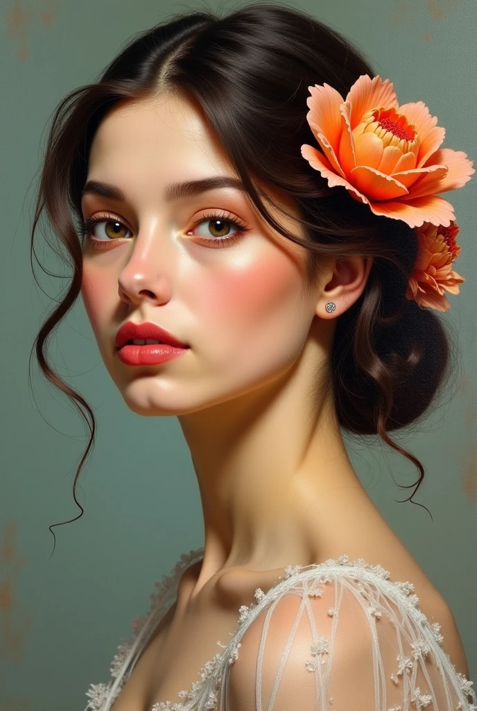 a woman wearing sharee, leaning slightly on the railing of the open balcony and looking outside, open black hair, hair flowing with air, side view, some green small trees