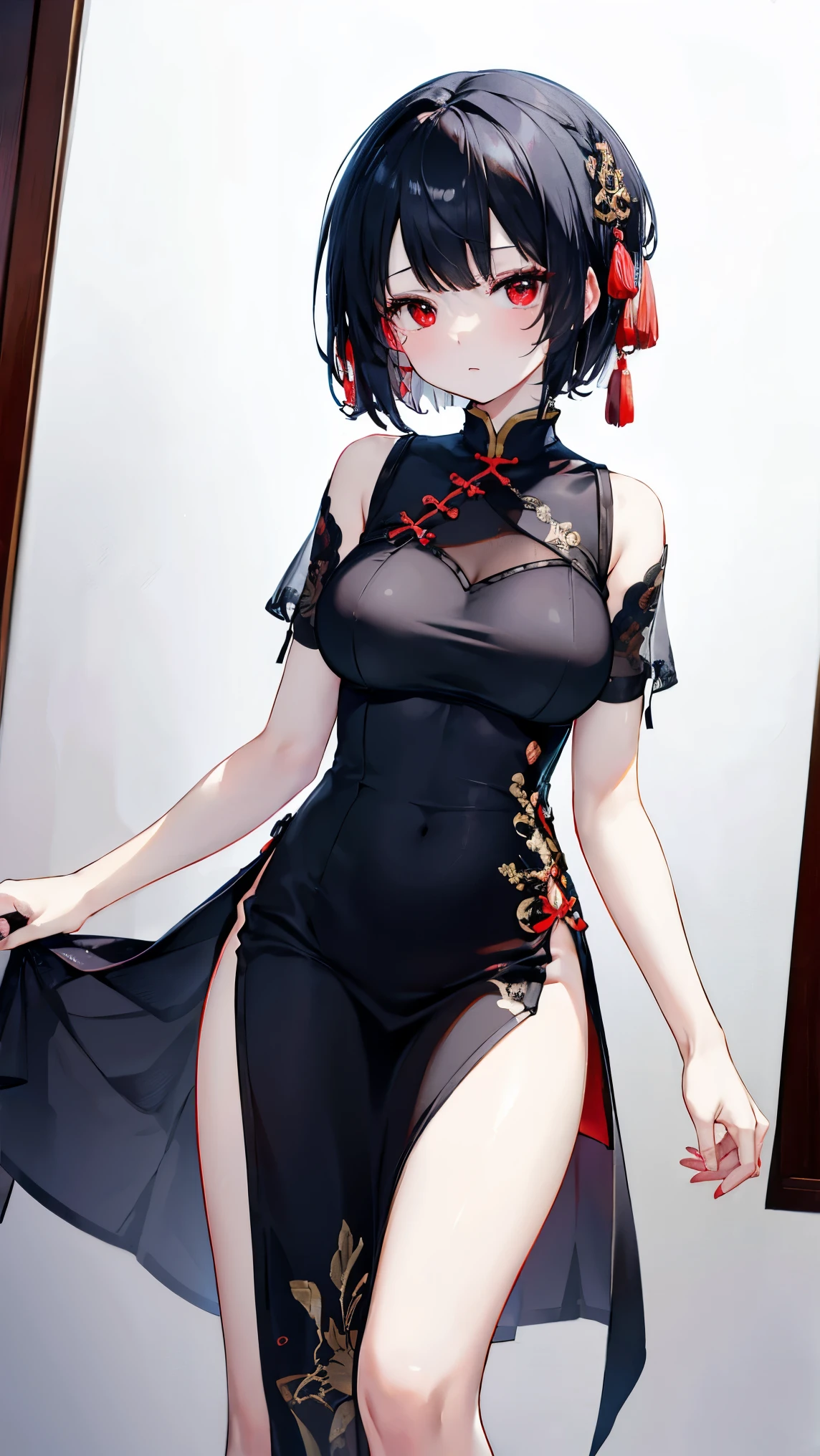 Top image quality、qipao dress,Realistic and detailed image of a girl. Black hair bun hair. Eyes are blue.Half eye , long eyelashes. She has small breasts, Slim waist, wide hips,A slender. sleepy expression, darkened room. On bedding、Sluggishness、Shake your head.,