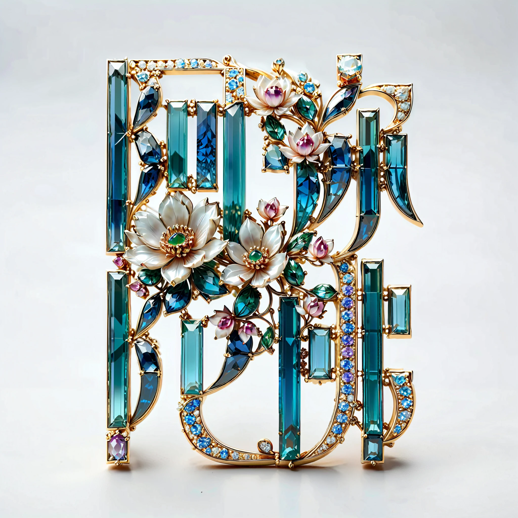masterpiece. exquisite brooch , Depicts a Malagasy tourmaline lotus,gemstone petals , precious gemstone . Exquisite craftsmanship . high quality . excellent improvement . (( super detailed )). Table decoration , and beautifully decorated jewels with mother-of-pearl , opal, ruby. lapis lazuli. masterpiece hors norme. A gorgeous and authentic . ultra-realistic .. (( white background ))