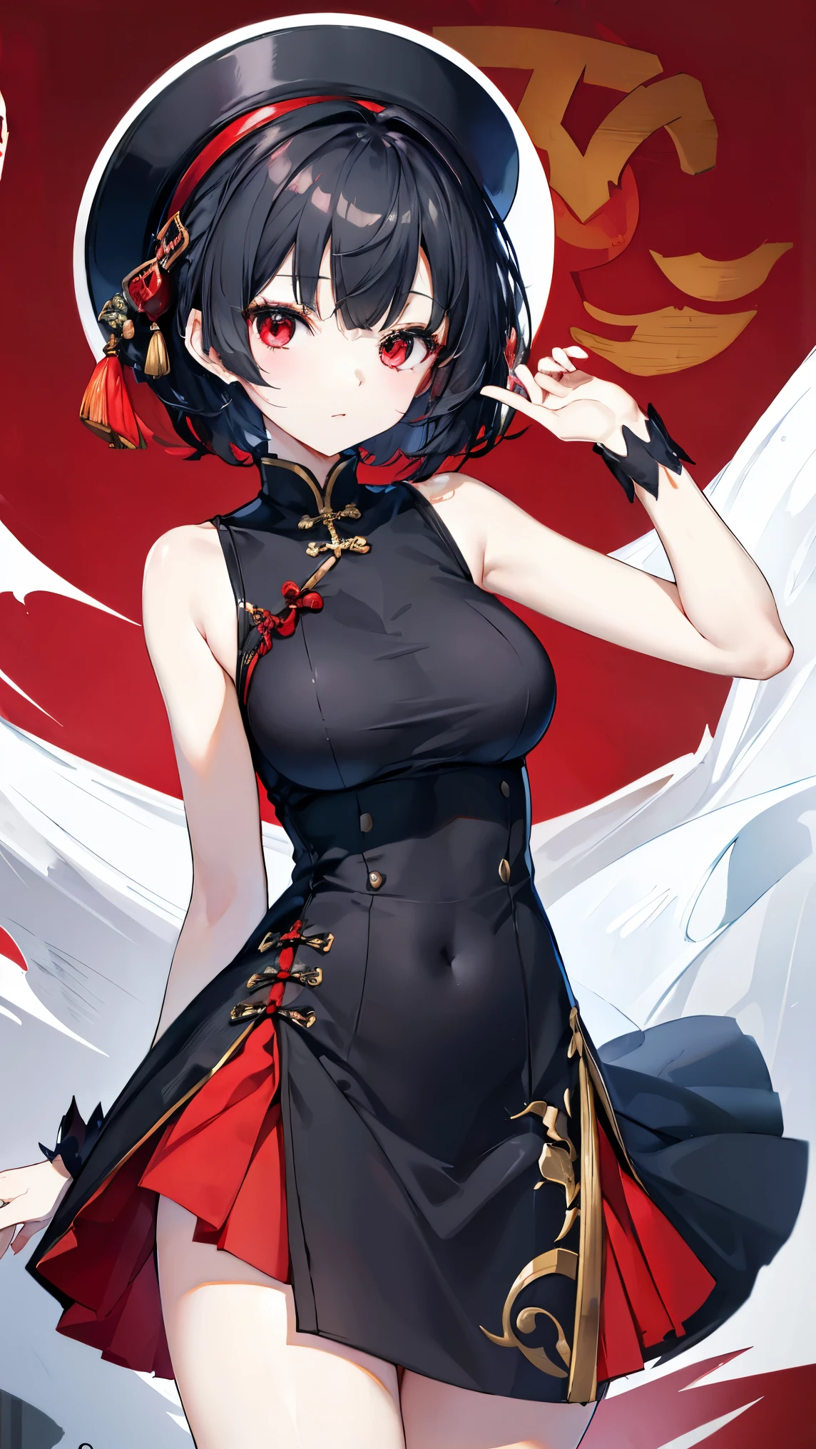 a girl, tingyun, fox tail, cowboy shot <lora:KitsuneAi-StarRailTingyun-LoCon32-V1:0.8>
bare shoulders, long hair, dress, jewelry, detached sleeves, bracelet, cleavage, pelvic curtain, clothing cutout, medium breasts, tassel, hair ornament, sleeveless, cleavage cutout, black dress, thighs, sash, red ribbon, sleeveless dress, gold trim, bangle