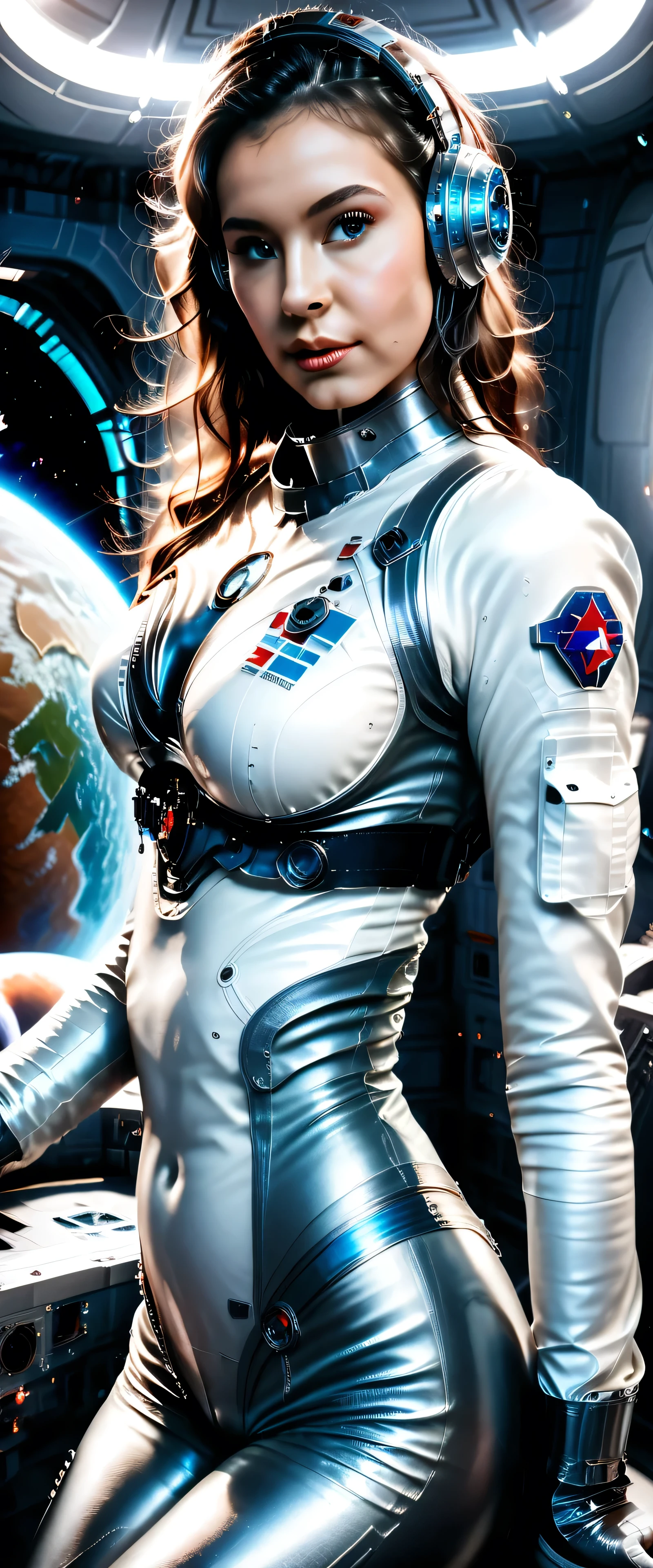 18yo woman at space station, beautiful detailed eyes, beautiful detailed lips, extremely detailed eyes and face, long eyelashes, intricate space suit, dynamic pose, zero gravity environment, futuristic space station, glowing neon lights, holographic displays, cinematic lighting, muted color palette, sci-fi, photorealistic, (best quality, 4k, 8k, highres, masterpiece:1.2), ultra-detailed, (realistic, photorealistic, photo-realistic:1.37), HDR, UHD, studio lighting, ultra-fine painting, sharp focus, physically-based rendering, extreme detail description, professional, vivid colors, bokeh