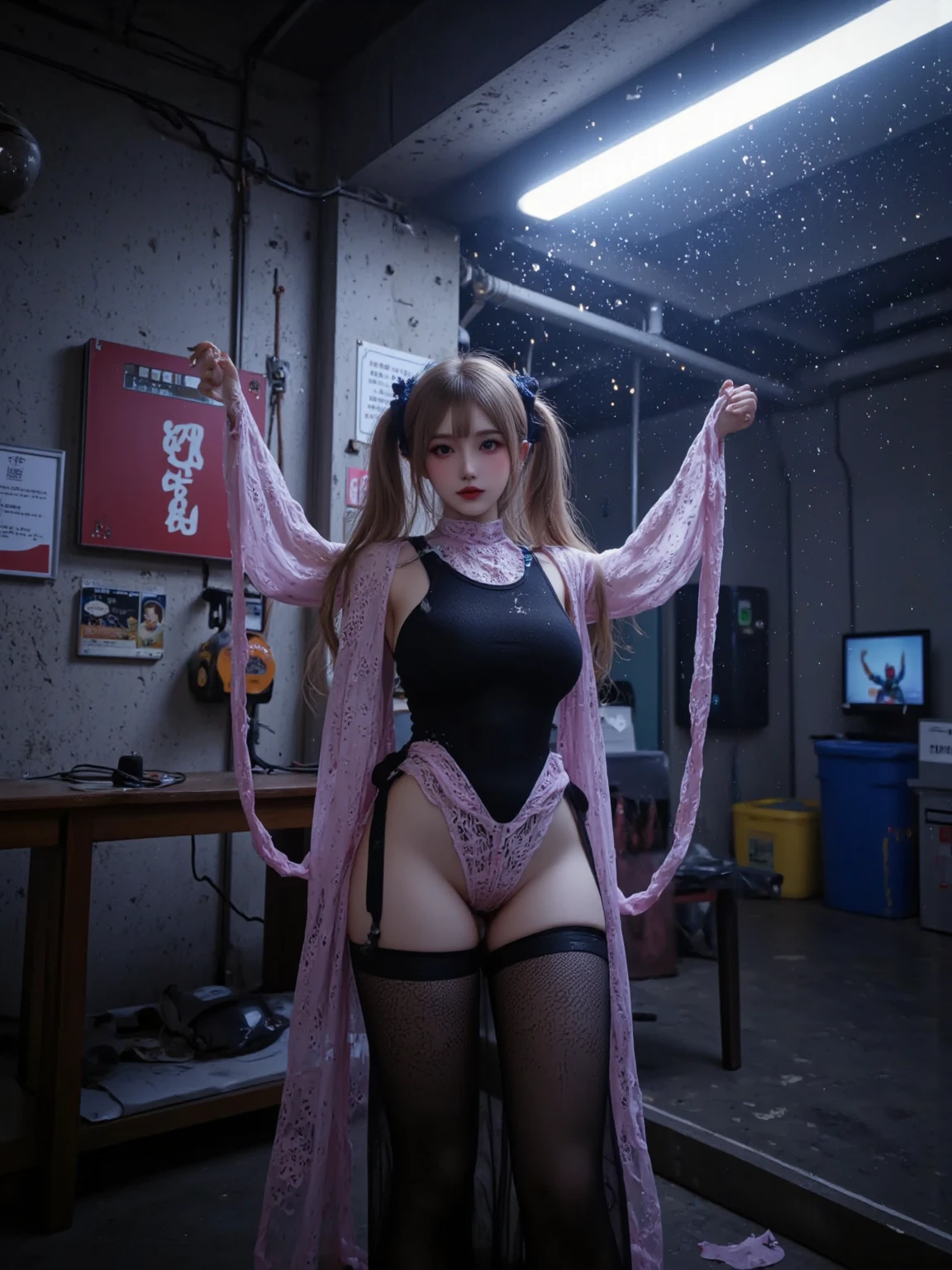 Extreme Detail CG Unity 8K wallpaper, masterpiece, highest quality), (exquisite light and shadow, highly dramatic graphics, cinematic lens effects) 14 years old loli, anthropomorphic fox, pre-sex, erotic, hair, cute, collar, SM, minor, precocious, girl in transparent lace, blindfold, bondage, femdom, slave, tools, openwork transparent silk panties, clothes strangulation, tail, seduction, fat buttocks, desire for mating, double ponytail, seductive silver-gray hair color, from cat star, facing the audience, Thighs extended, frontal image), (excellent detail, excellent lighting, wide angle), (rendering excellent enough to stand out from the crowd), thick legs, emphasis on exposed clothing --auto --s2
