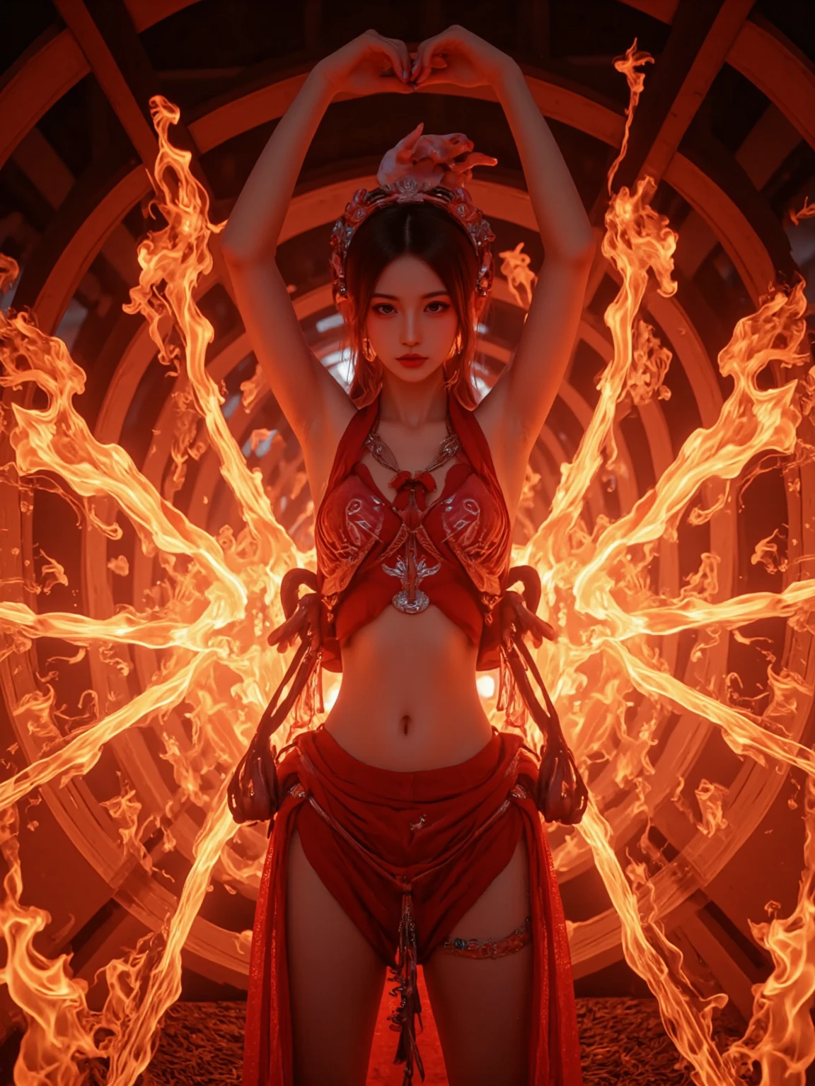((best quality)), ((masterpiece)), (detailed), perfect face 3 Naked woman dynamic pose, Big breasts, round hips, Full figure, (masterpiece, top quality, best quality, official art, beautiful and aesthetic:1.2), (3 Women:1.3), extremely detailed,(fractal art:1.1),(colorful:1.1)(flowers:1.3),highest detailed,(zentangle neon:1.2), (dynamic pose), (abstract background neon:1.3), (shiny skin), (many colors:1.4), ,(earrings), (feathers:1.5) , (Flamethrower:1.3),red background,Phoenix dress,Neon,full HD