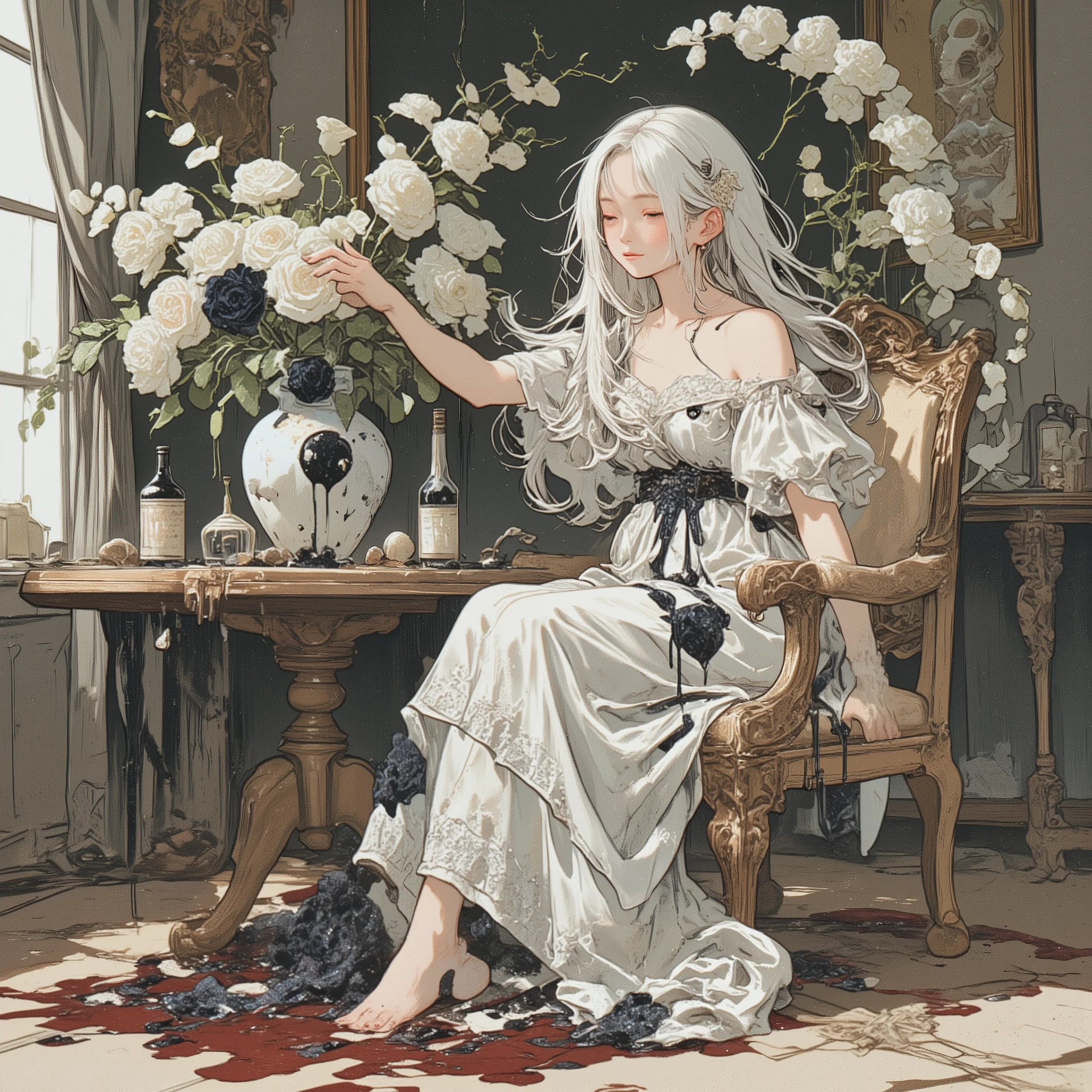 This is aesthetic art. A beautiful woman in a white dress, like a doll, is sitting on a chair, and a vase on the table is creating a flower art with a motif of black rose and white and black marbled roses,and squid ink sauce bottle,dripping squid ink. A woman\(with long white hair as beautiful as silk, wearing a white dress, and a goddess-like atmosphere, her expression is very happy, but at the same time, her expression is calm as she goes about her daily life\), a flower art of a collection of white roses with squid ink liquid on them, each petal is absurdly beautiful, the flower art is placed in the center of the composition, and the woman reaches out to the flower art from the side. squid ink liquid is attached quantities to the rose flowers, petals, woman's hands, and the woman's dress, and the liquid flows to the ground, this is an abstract painting of the food chain, a food web. Dark red liquid is in a puddle on the table. A very quiet and peaceful living room background. This is Brutal Art, the living are happily enveloped in black, squid ink liquid. The rose squeezes the lifeblood out of the once-living objects. A very happy and sacred ritual. This is aesthetic art. Women's daily life, aesthetic art, flow of energy and matter in an ecosystem, aesthetic art, very realistic Brutal Art, aesthetic art, sustaining the life of the entire planet, aesthetic art, symbol of a psychopath, aesthetic art, aesthetic art, aesthetic art, concept of life and death