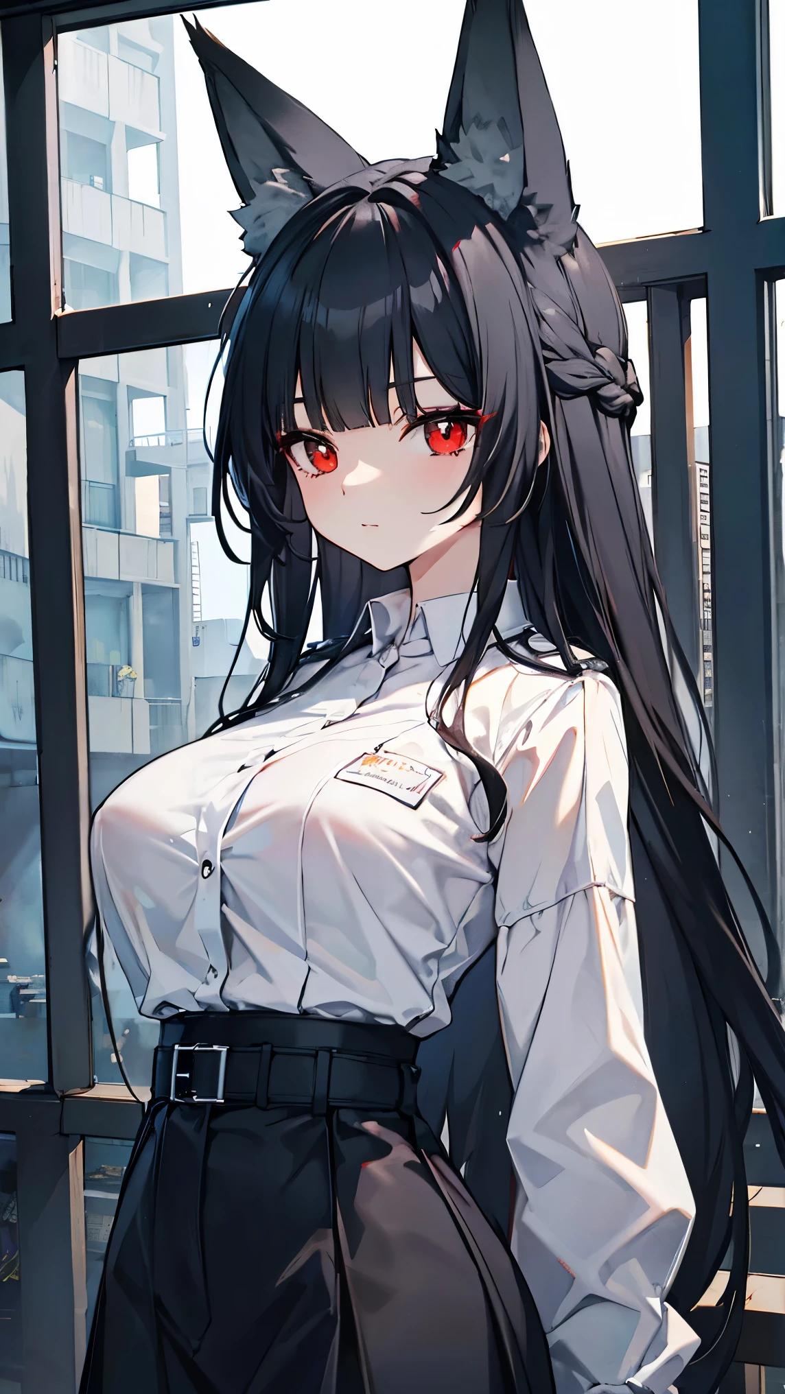 best quality 、、(Whitening skin)、 black hair, long hair, red eyes, fox ear,Petite、 slender, big breasts, slender, red cheeks , prisoner uniform,Jail,