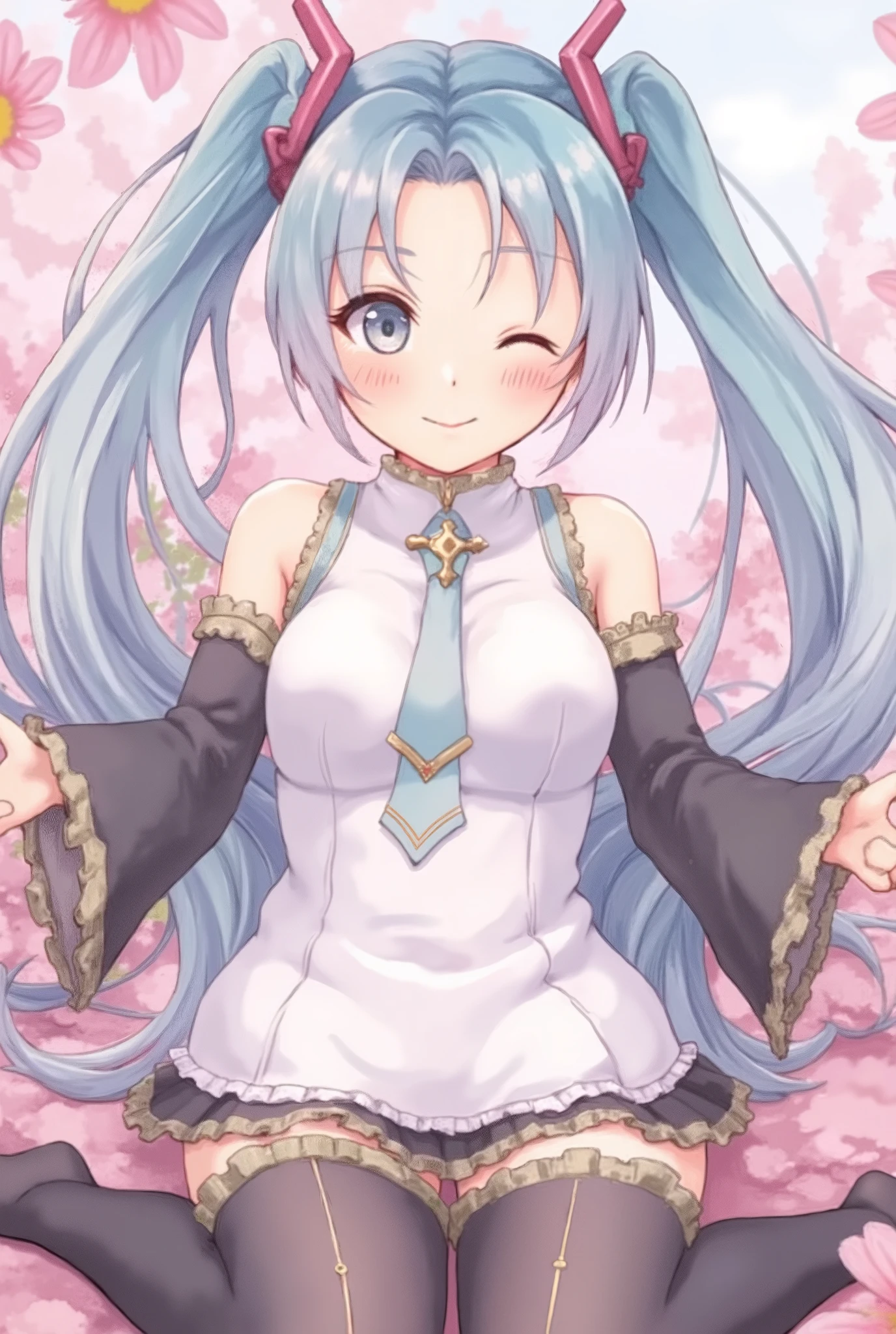 (Masterpiece、 best quality 、 best quality 、 Official Art、 beautiful and beautiful :1.2)、( One Girl:1.3) Hatsune Miku、 twin tails, beautiful breasts , cute smile、Close your right eye、 Blush、 Put your hands out in front of you , with your palms facing up、Spread your fingers、 pastel