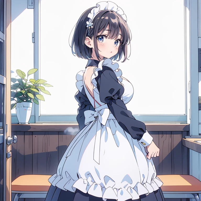 score_9, score_8_up, score_7_up, source_anime,
rating_sensitive,
pinup of 1girl, solo, cowboy shot, in cafe, (grin:0.9), standing, legs apart, clothes lift, looking at viewer, from below,
skntm, black hair, single hair bun, bun cover, bangs, yellow eyes, medium breasts,
maid, dress, long sleeves, frills, yellow bowtie, apron, black dress, blue dress, maid apron, white apron, white pantyhose, black footwear, mary janes,
<lora:ShikiNatsume_pony_v1r:0.8>