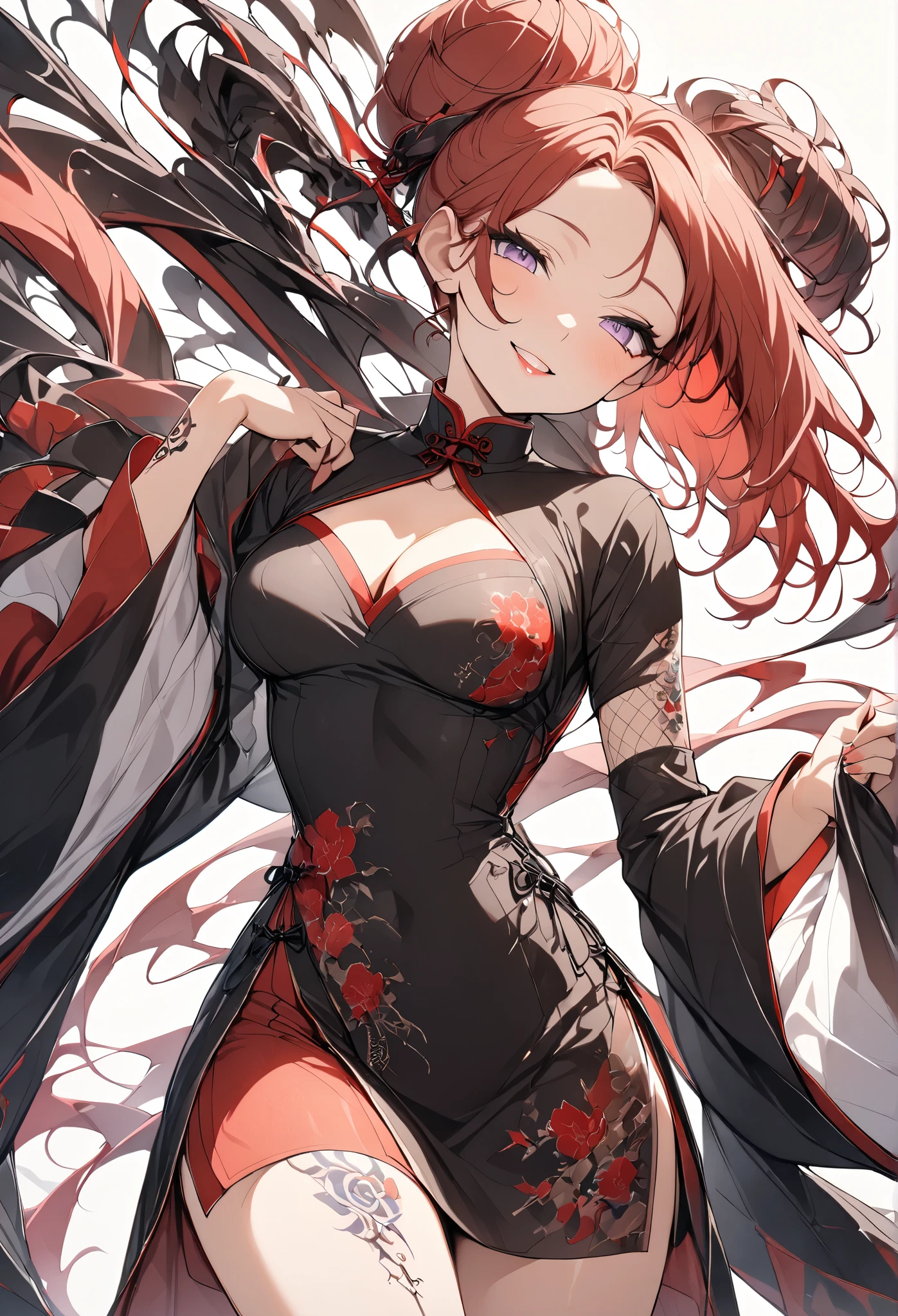 {{masterpiece、 Attention to Details, perfect eyes}}、(( white background 、from front, medium shot、 cowboy shot、 Eye Level Shots 、Solo Shot)) 1 woman、(deep red color hair、Red Hair、Bright Red Hair、Hair Bun)、Light purple eyes、half-closed eyes、 medium breasts 、smile、black chinese style costume、wide sleeves、cleavage、Red lipstick、Standing、Tattoo on arm
