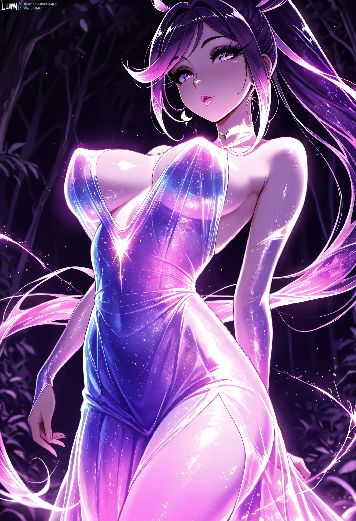 beautiful girl with Bio-Luminescence skin, ethereal glow, bloom, hdr, with a glass fiber translucent dress, Luminescence skin glow, (masterpiece), High quality, high resolution, provocateur girl, shinny skin, glitter lips, glitter makeup, glimmer, cute, hyper sexy, long eyelashes, vibrant and colorful, pointy_breasts, glamour, Golden glitter, perky breasts, in a enchanted Bio-Luminescence forest,