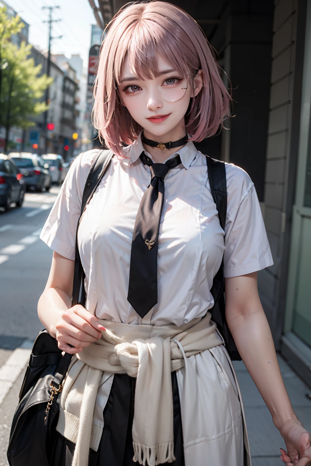 1Women, early 20s, (medium pink hair with bangs:1.2), golden eyes, happy, (satisfied smile:1.3), jewellery, big breast, (Sweaty:1.1), wet, shiny skin. beige cardigan, beige sweater, black choker, black necktie, black skirt, cardigan, cardigan around waist, choker, clothes around waist, collared shirt, loose necktie, necktie, official alternate costume, school bag, shirt, shirt tucked in, short sleeves, skirt, sweater, sweater around waist, tied sweater, white shirt, round glasses.