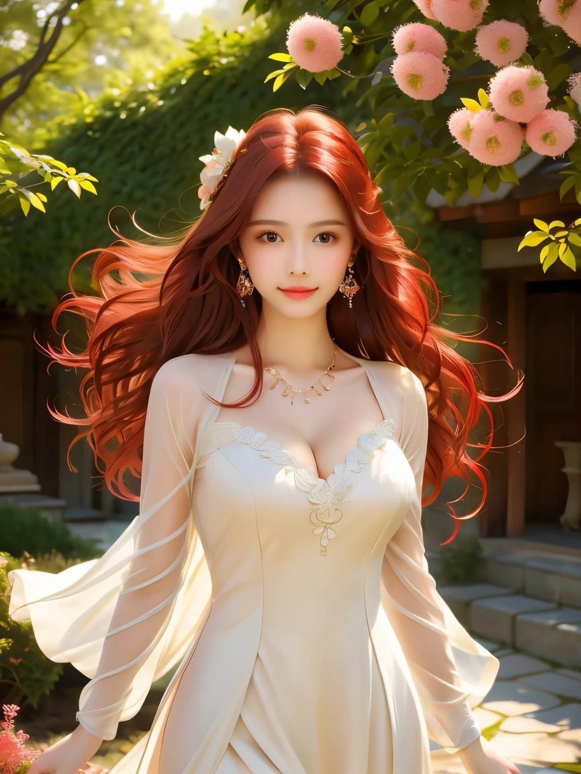 (best quality, masterpiece:1.2), realistic: 1.2, 1 girl, slim girl, red hair, brown eyes, detailed face, beautiful eyes, big eyes, big breasts, cleavage, long dress, clear complexion, delicate features, flowing red hair, dynamic pose, elegant, graceful, standing in a vibrant garden, surrounded by colorful flowers, rays of sunlight shining through the trees, warm and soft lighting, gentle breeze, serene expression, confident gaze, ethereal atmosphere, slight smile on her lips, peaceful and tranquil ambiance, high-resolution painting, vivid colors, fine brushstrokes, lifelike details, intricate folds of the dress, realistic texture of the hair, impeccable attention to realism, captivating and engaging, evoking a sense of beauty and elegance.