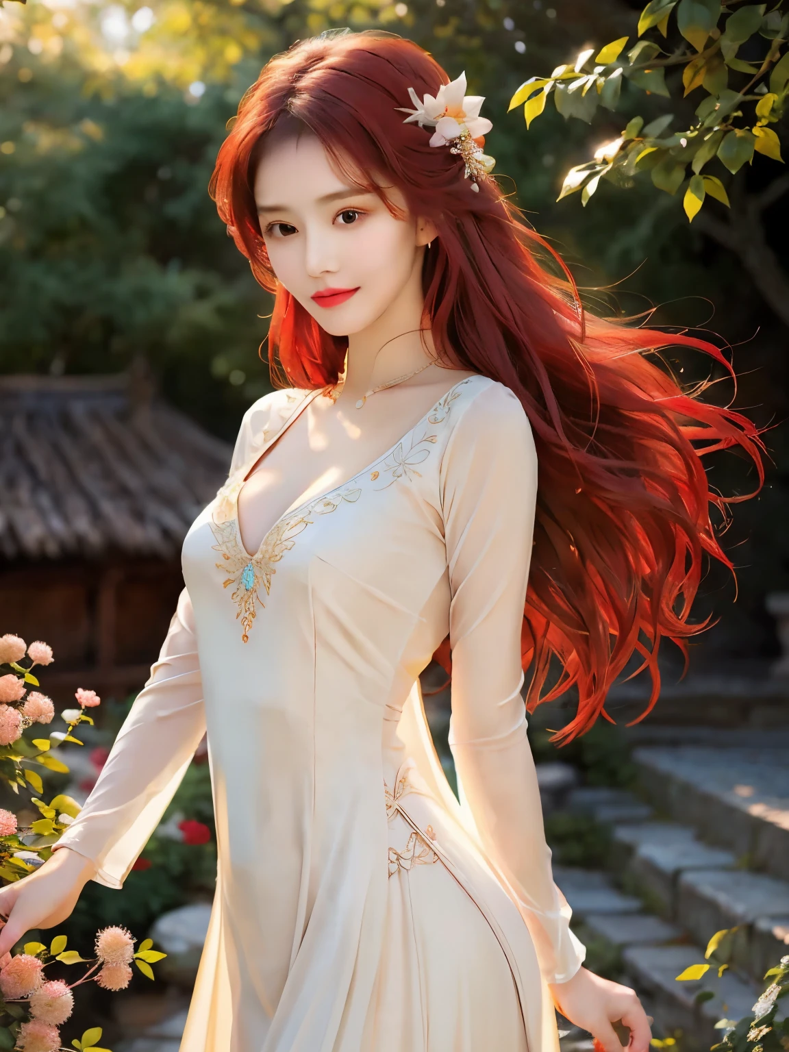 (best quality, masterpiece:1.2), realistic: 1.2, 1 girl, slim girl, red hair, brown eyes, detailed face, beautiful eyes, big eyes, small breasts, cleavage, long dress, clear complexion, delicate features, flowing red hair, dynamic pose, elegant, graceful, standing in a vibrant garden, surrounded by colorful flowers, rays of sunlight shining through the trees, warm and soft lighting, gentle breeze, serene expression, confident gaze, ethereal atmosphere, slight smile on her lips, peaceful and tranquil ambiance, high-resolution painting, vivid colors, fine brushstrokes, lifelike details, intricate folds of the dress, realistic texture of the hair, impeccable attention to realism, captivating and engaging, evoking a sense of beauty and elegance.