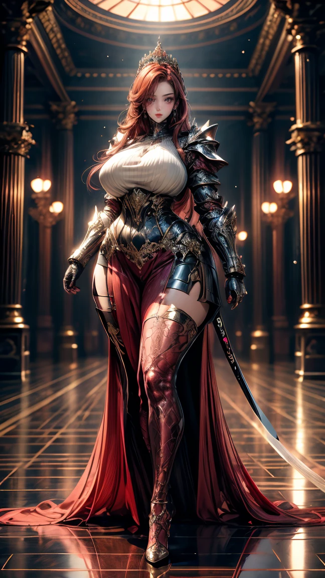 young intricate woman in royal palace, beautiful woman, long red hair, dark red hair, deep red hair, deep dark black eyes, wearing a high tech battle armor, no crown, white skinned, standing alone in a wide expanse with a long sword in her hand, ready for battle, wide angle lens f/2.8, ultra insane high resolution intricate textures, texture indentation, perfect perspective, perfect geometry, ultra insane ambient lighting, ultra insane ambient shadows, wearing full pink colored clothes, sexy clothes, luminism, ultra detailed busy background, tessellation, maximalism, perfectionism, IPA Award wining masterpiece, curvy figured woman, seductive figure.