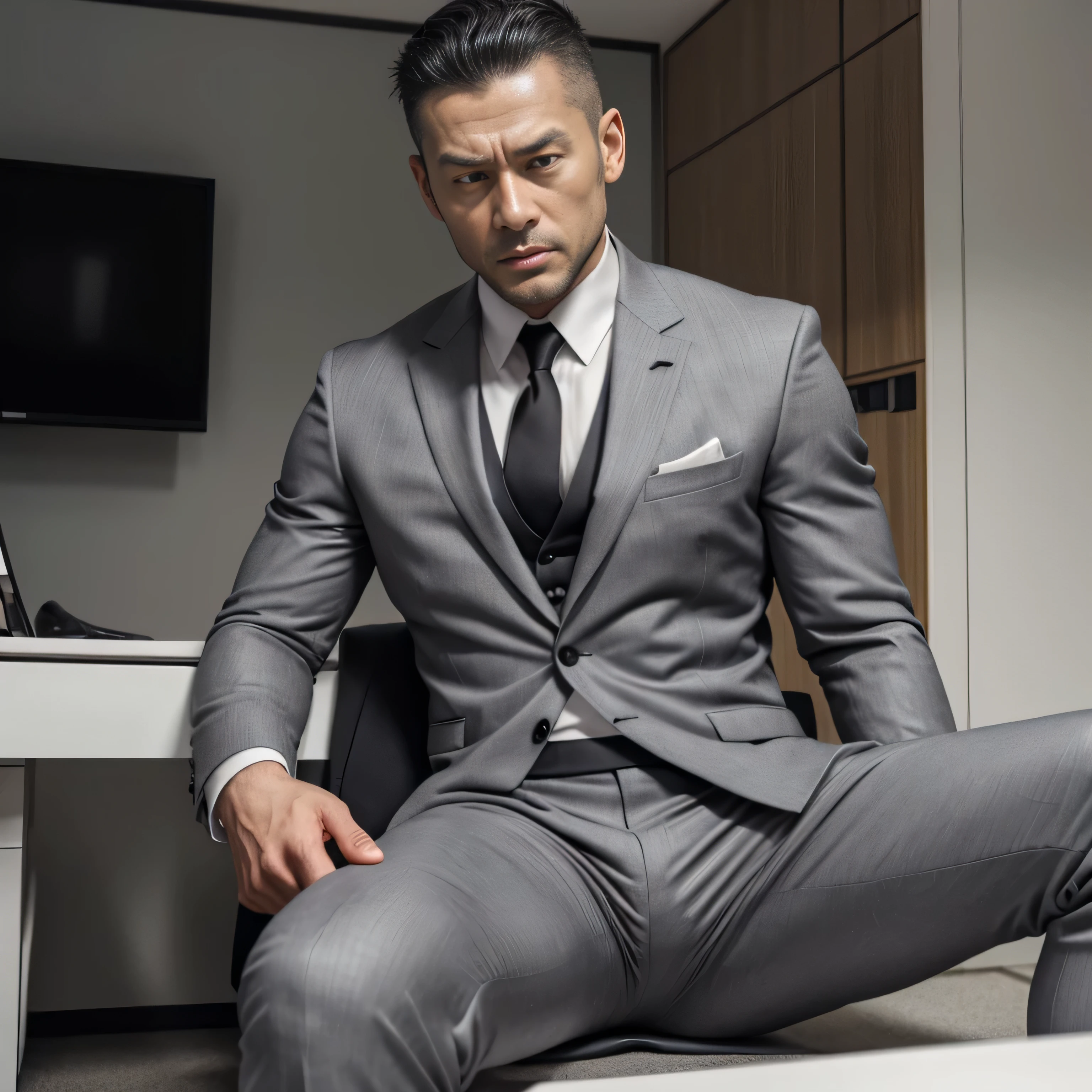 35 year old handsome , One Man,、 muscularity、Kosaka Ikuo。 grey suit ,black tie。 grey slim pants 、 shorthair 　、 office、 open leg 。 Sitting on the ground 、grey suit ,black tie。 、 grey slim pants 、 Lift your upper body 、Focus on facial expressions　　 Menacing look　Painful and painful face