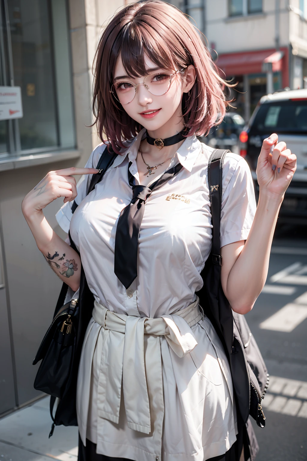 1Women, early 20s, (medium pink hair with bangs:1.2), golden eyes, happy, (satisfied smile:1.3), jewellery, big breast, (body writing, tattoos:1.3), (Sweaty:1.1), wet, shiny skin. beige cardigan, beige sweater, black choker, black necktie, black skirt, cardigan, cardigan around waist, choker, clothes around waist, collared shirt, loose necktie, necktie, official alternate costume, school bag, shirt, shirt tucked in, short sleeves, skirt, sweater, sweater around waist, tied sweater, white shirt, round glasses.