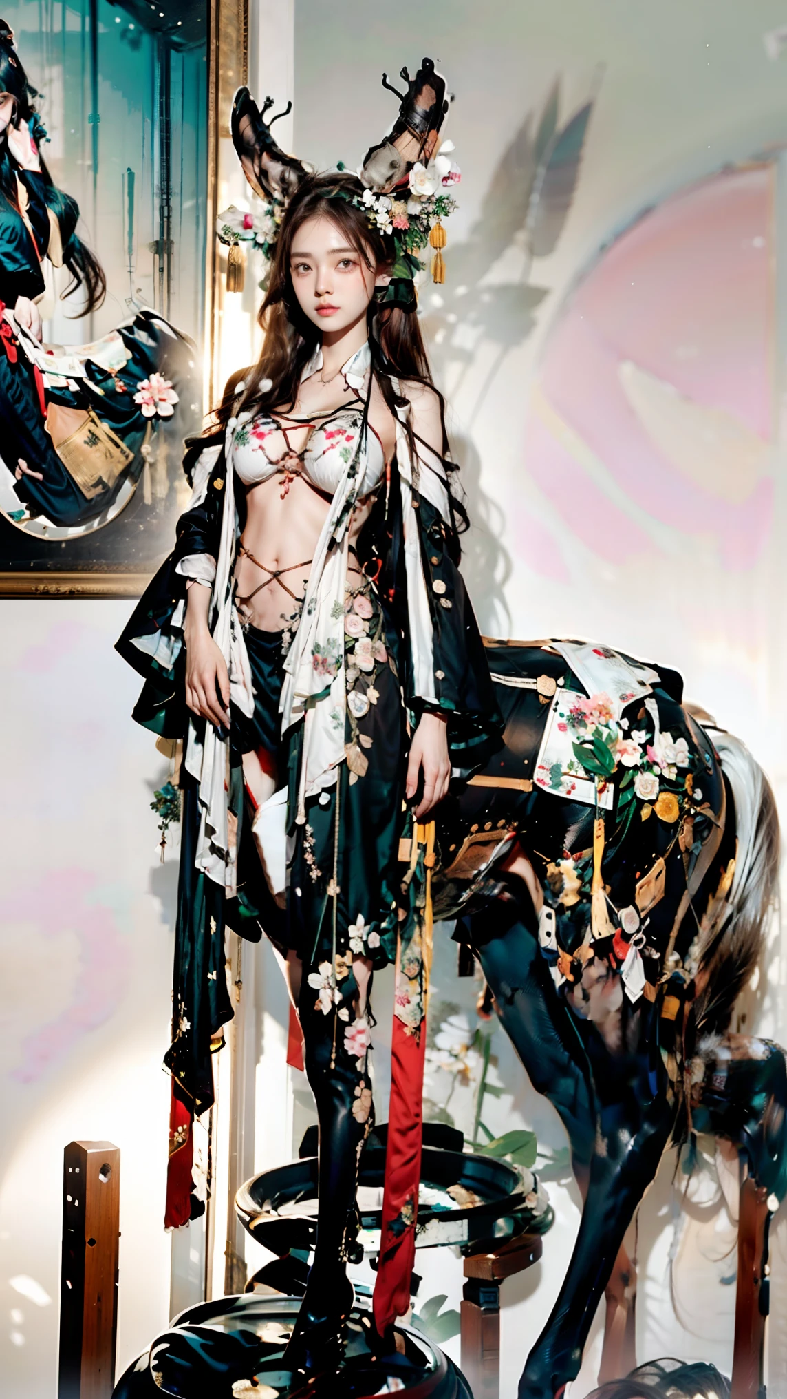 highest quality, Very detailed, masterpiece, 1 person,woman,(((完璧なwomanの体))),Very beautiful face, Very beautiful body,Gentle expression, Very beautiful eyes,(Perfect Makeup:1.1),Fashion Model,Fractal Art,Graphic Arts,Cyberpunk Fashion,short hair,Shaggy Hair,Fluorescent pink and blue hair:1.3, Very thin body,Smart Abs, Black and purple cyberpunk short outfit, Fluorescent pink and blue long skirt,necklace,anklet,Garter Stockings,Two-tone high-top sneakers,A kind smile,Full body portrait,(Street background:1.3), (Shiny skin),(Earrings),Geometric pattern,Gradation,neon,Fluorine,