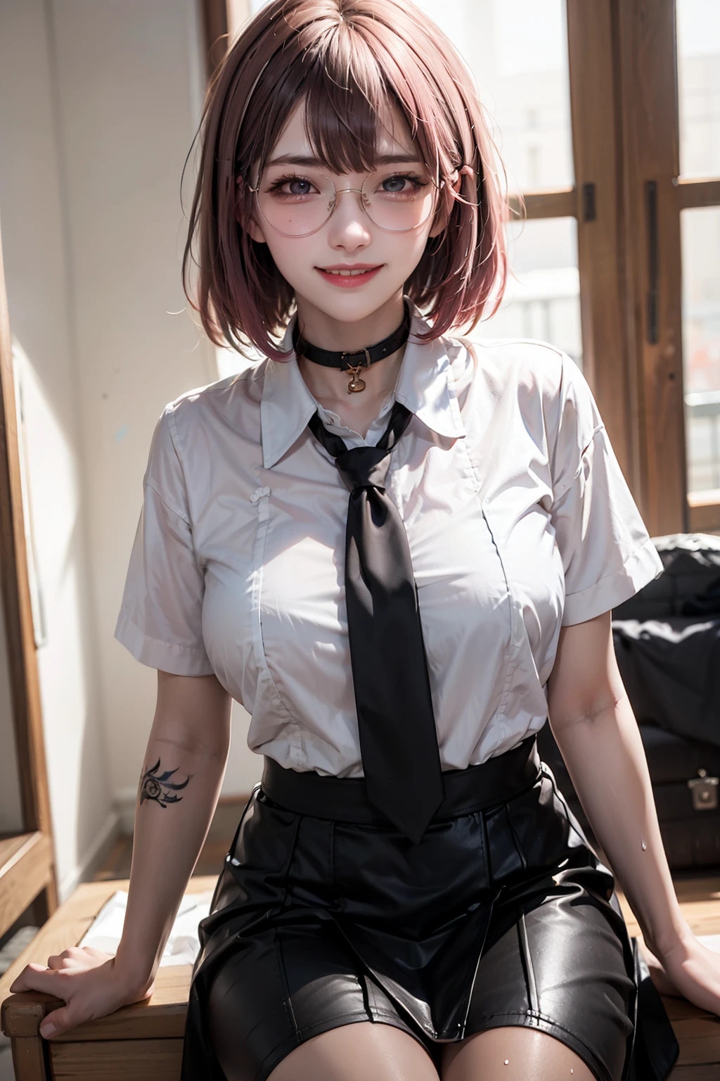  1Women, early 20s, (medium pink hair with bangs:1.2), golden eyes, happy, (satisfied smile:1.3), jewellery, big breast, (body writing, tattoos:1.3), (Sweaty:1.1), wet, shiny skin, black choker, black necktie, black skirt, choker, collared shirt, loose necktie, necktie, official alternate costume, school bag, shirt, shirt tucked in, rolled sleeves, skirt, white shirt, round glasses.