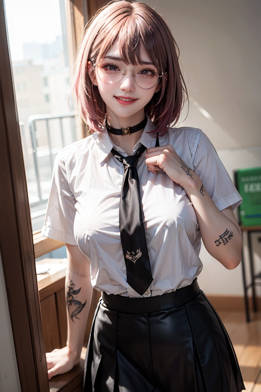 1Women, early 20s, (medium pink hair with bangs:1.2), golden eyes, happy, (satisfied smile:1.3), jewellery, big breast, (body writing, tattoos:1.3), (Sweaty:1.1), wet, shiny skin, black choker, black necktie, black skirt, choker, collared shirt, loose necktie, necktie, official alternate costume, school bag, shirt, shirt tucked in, rolled sleeves, skirt, white shirt, round glasses.