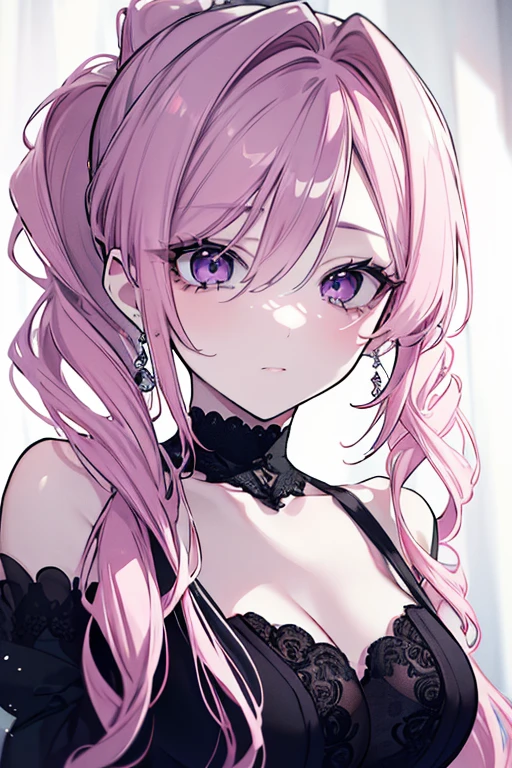 masutepiece, ((hyper detailed background, Delicate pattern, intricate detailes)), (Highly detailed, Fine details), Best Quality, ((medium breasts, Slim Girl, close-up, Portrait)), ((intricate detailed background, Inside, Bedroom, bed, Classy interior design, window)), Vanessa V2, 1girl in, Long hair, Solo, Pink hair, earrings, Purple eyes, Smile, (Purple Dress, gloves), Choker,