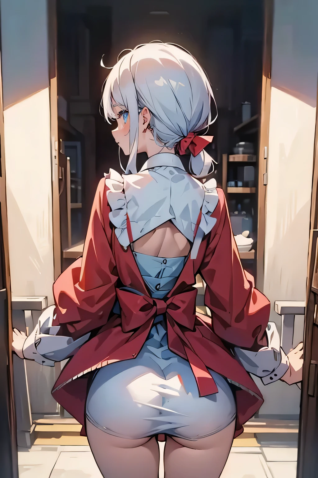 One Little Girl,Turn Back,adolable,long white hair,Lori huge breasts cleavage,red color eyes,Turn back behind your back