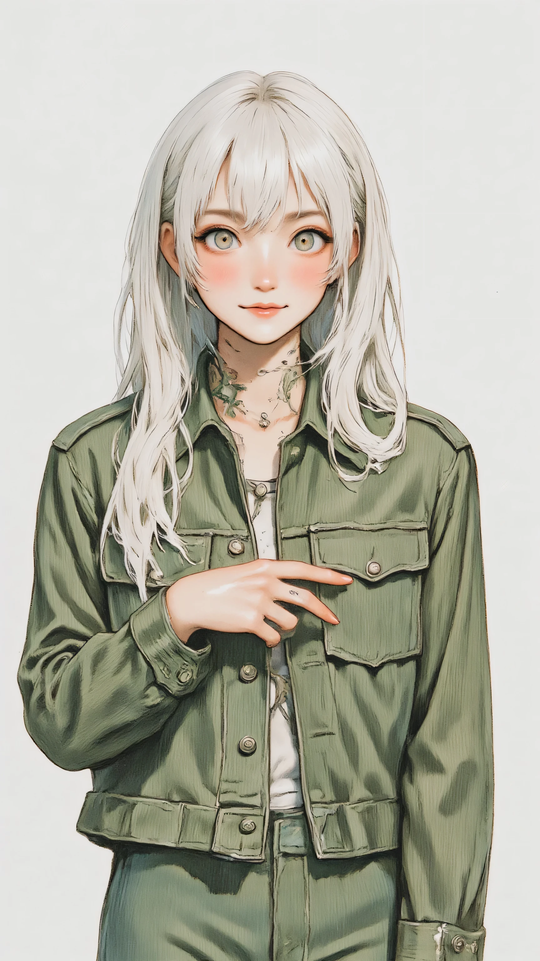 (Masterpiece:1.2, Best quality), (real photo, Intricate details), (1lady, solo, Upper body, small breast) ,all body,clothes:advance guard,advance guard,Experiment with appearance:White hair, long white hair, forehead showing, quiet, puzzled face, kind smile, green clothes, Gentle feeling,Dramatic makeup,Unconventional fashion choice behavior:rebel、Not conformist、Provocation location:Urban Arts District、Underground music venues Hobbies:Take part in a punk show、Create mixed media art、Try different subcultural values:personality、authentic、Creative expression of inspiration:Punk rock music、Counterculture icons,Avant-garde art movement character traits:daring、daring、act outside the box。