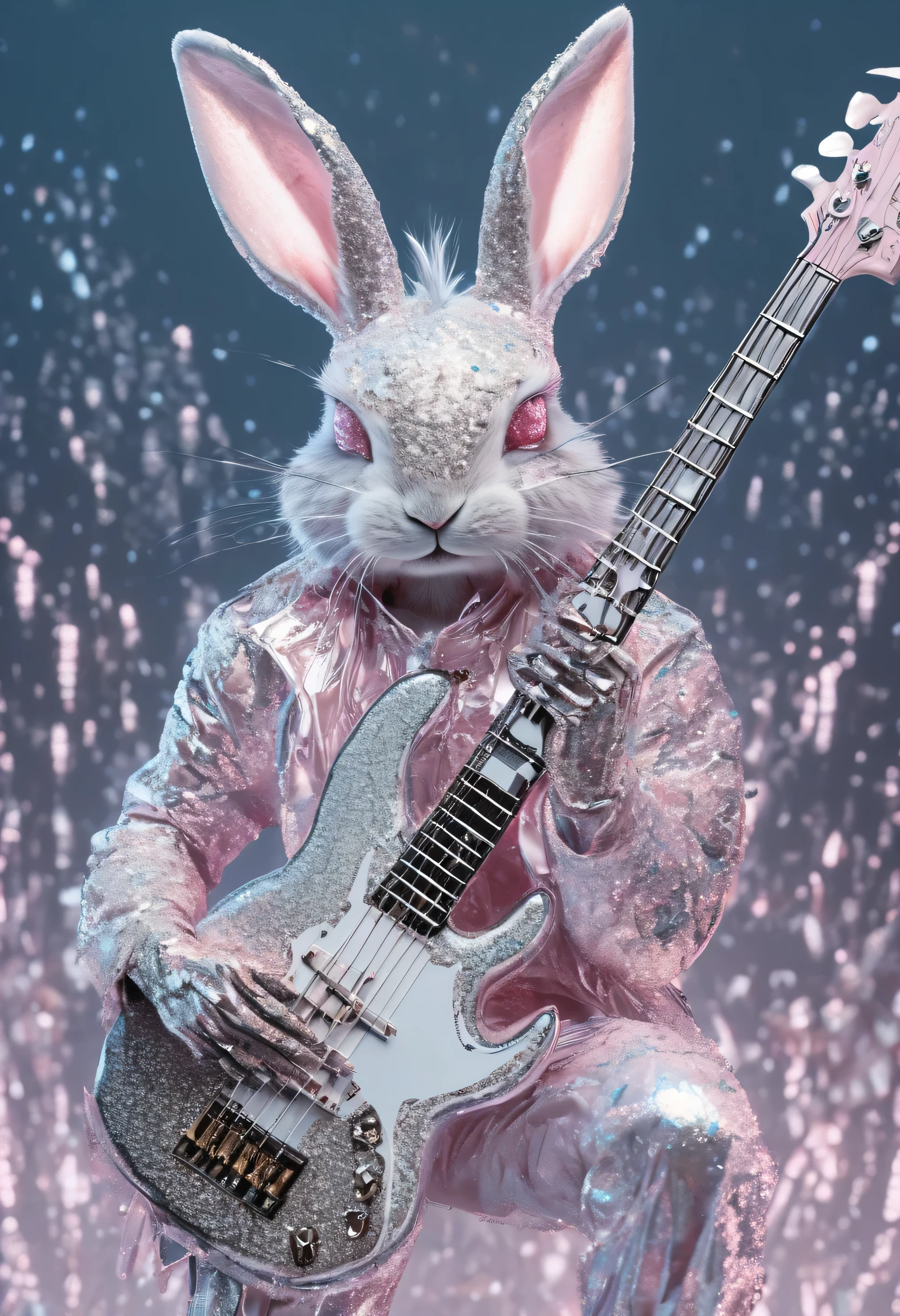  Nova Chroma Style Glitter ,Split Composition  , Bunny Faced Flashy Bassist 、 Bunny Faced Rock Bassist Playing Bass Guitar、Upper body Esbian、 realistic、  Moving Poses 、With a bass guitar、 illustrator 、  Light Pink and White Style 、  white background 、Detailed Description 、  anatomically accurate  、Accurate body depiction 、sinozick style, 