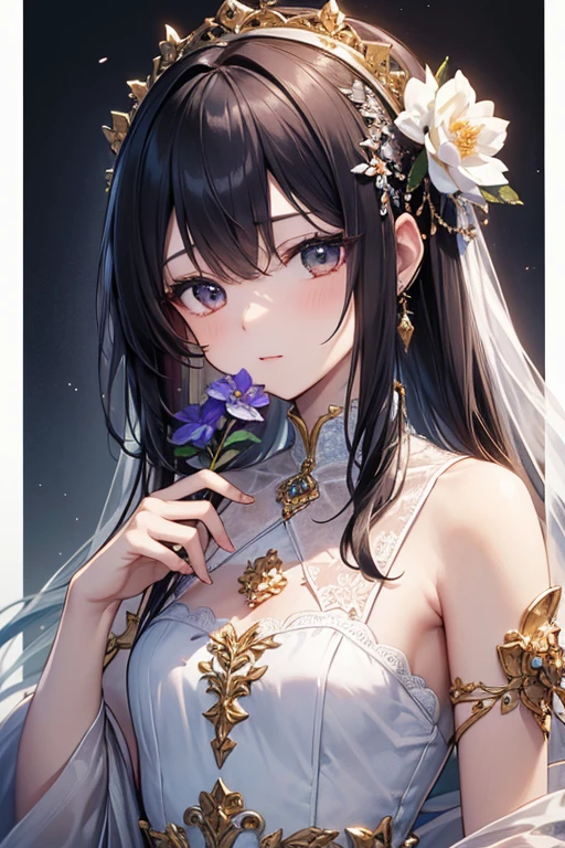 Create images based on super detailed prompts。1People drawn in anime style、Beautifully detailed illustrations。shiny black long hair,It stands out with its unique color palette and personality.。She smiles brightly and holds a colorful bouquet。With deep black eyes、She wears floral accessories to match her elegant dress.。The dress features black and white details。The background is bright、Soft pastel colored confetti falling、It creates a festive atmosphere。The overall aesthetic is bright、Cheerful、Dreamy and、The focus is on color harmony and the cute expressions of the characters.。