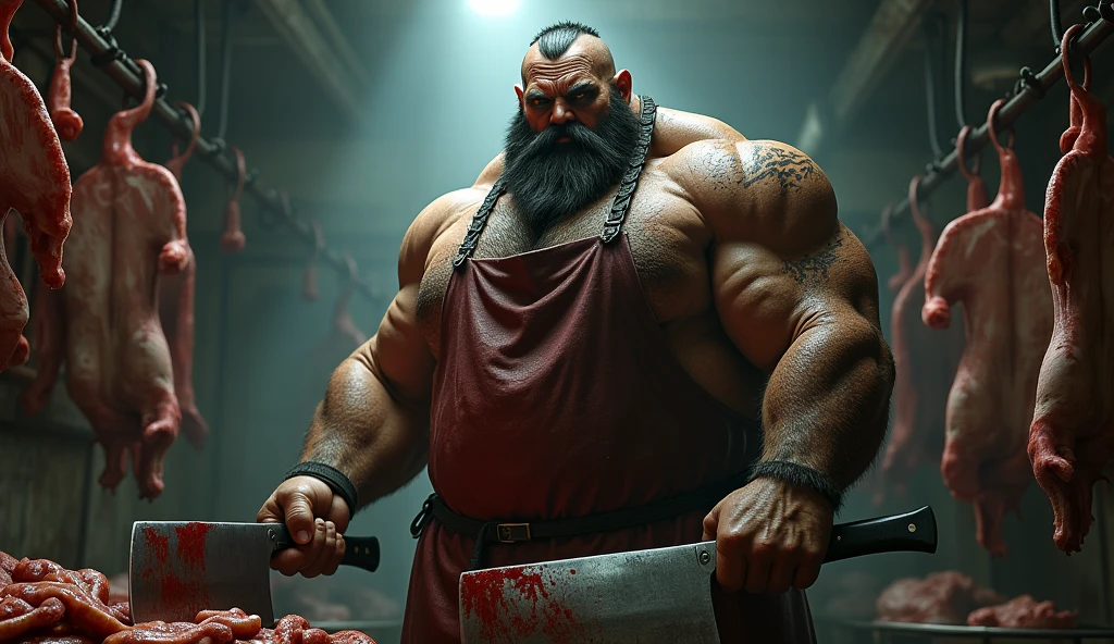 a creature, naughty man, wear a cloth mask, brawny, evil smile, scary eyes, butcher's clothing