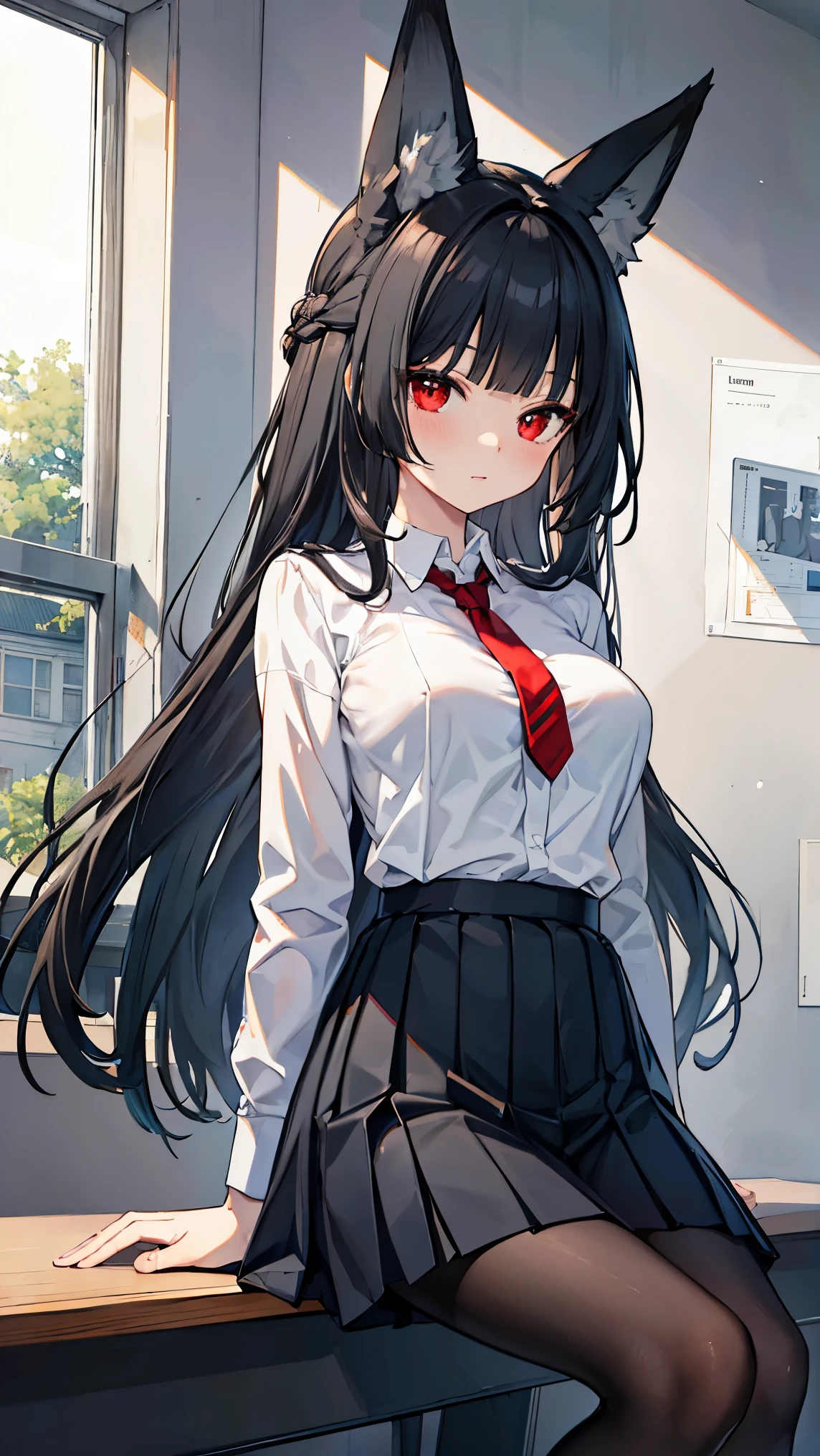 best quality 、、(Whitening skin)、 black hair, long hair, red eyes, fox ear,Petite、 slender, big breasts, slender, red cheeks ,student, Y shirt, ties, pleated skirt, black tights,