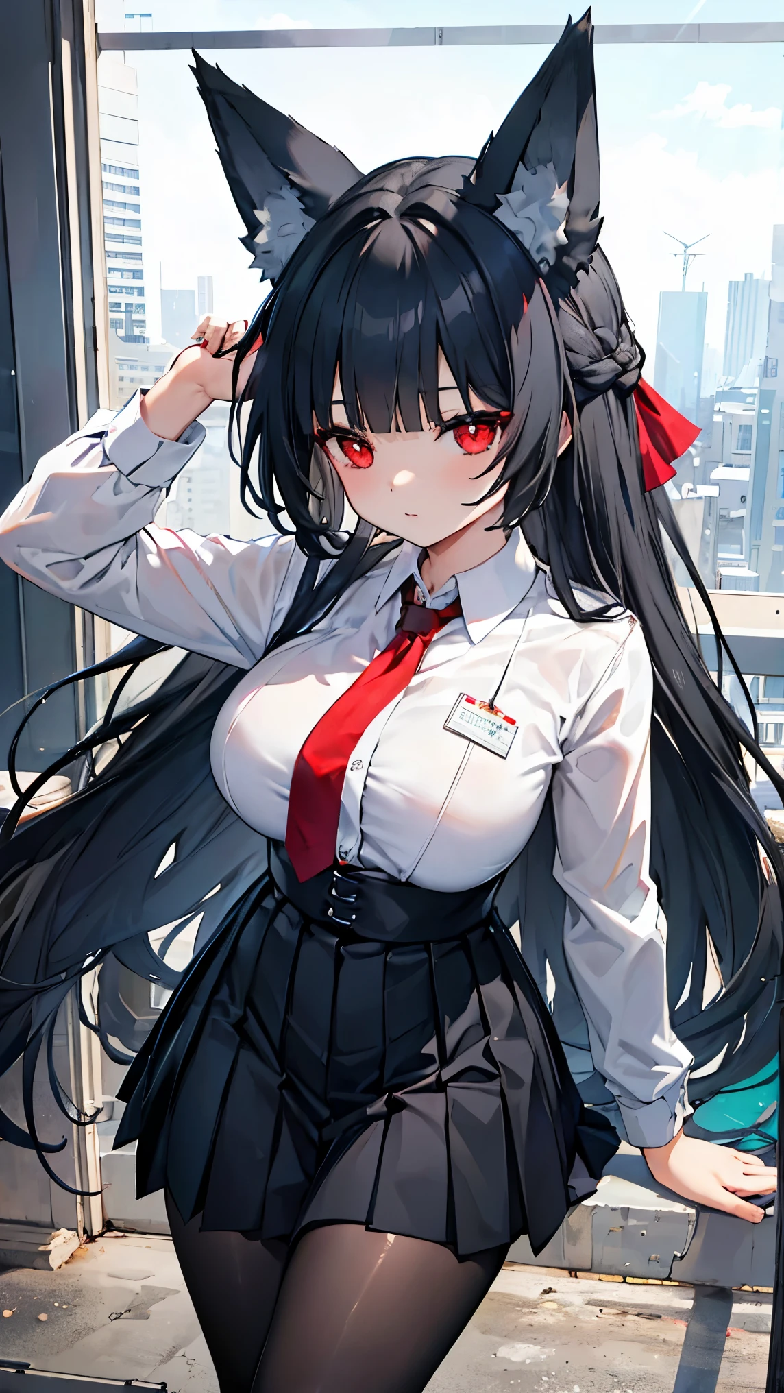 best quality 、、(Whitening skin)、 black hair, long hair, red eyes, fox ear,Petite、 slender, big breasts, slender, red cheeks ,student, Y shirt, ties, pleated skirt, black tights,